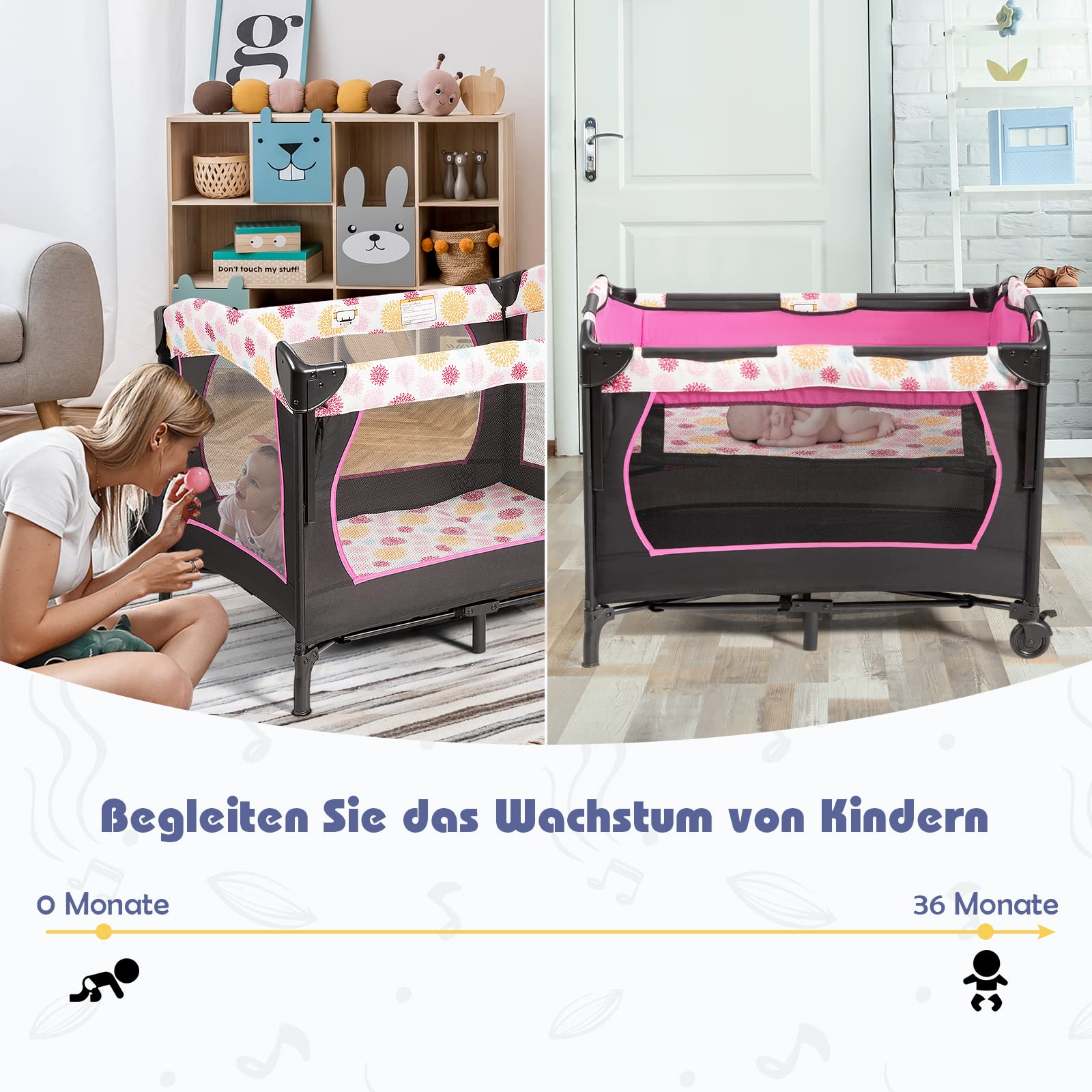 GOPLUS 3 w 1 składane łóżeczko podróżne dla niemowląt, mata do przewijania, kojec i łóżeczko dziecięce, łóżko turystyczne na kółkach, w zestawie pozytywka, łuk do zabawy, materac z regulacją wysokości