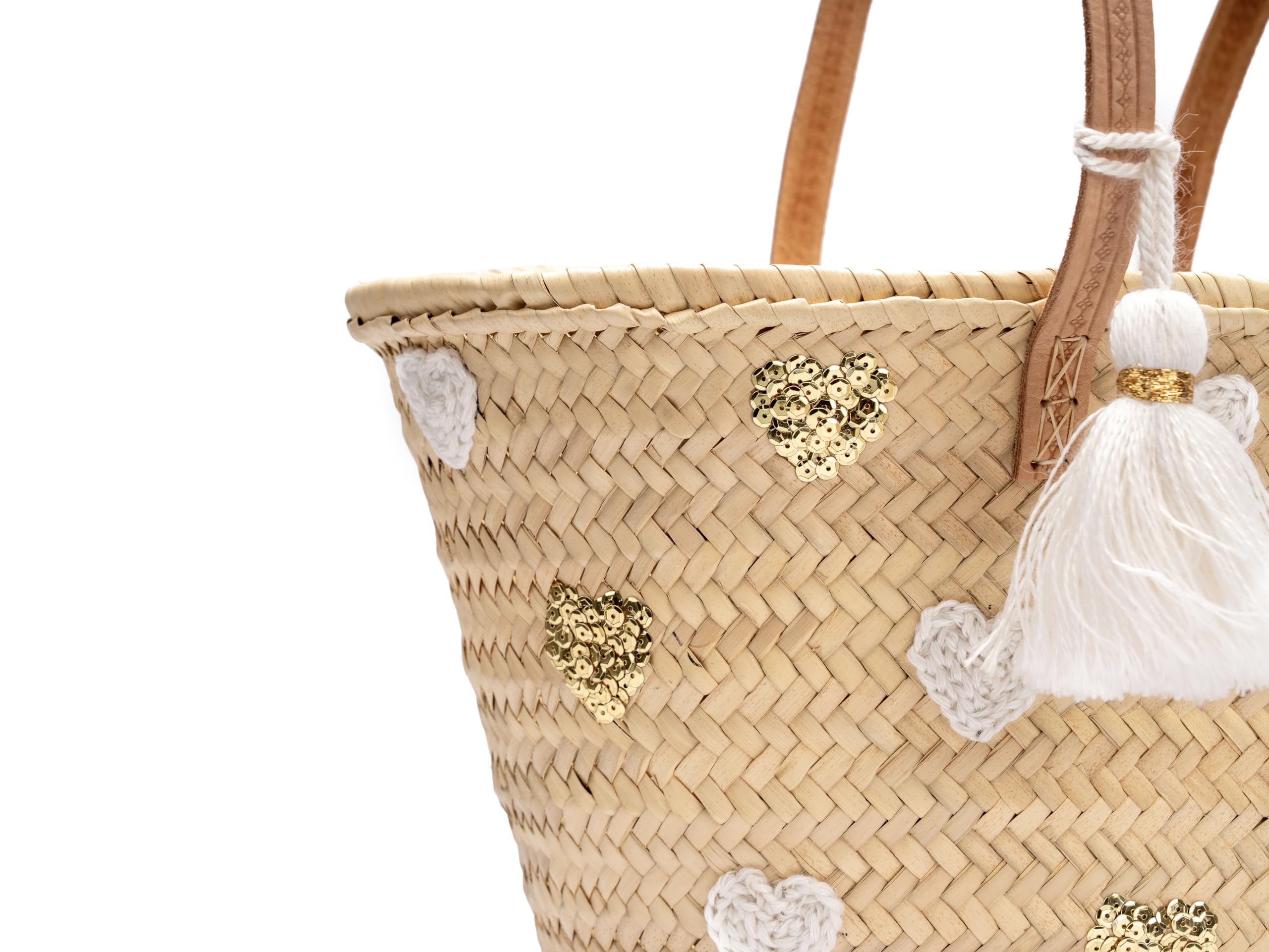 Capazo de playa paja, Bolso de mujer de palma con Corazones, doble Asas de Cuero, Pompón Decorativo, Aprox.: 45x28x18 cm, Natural