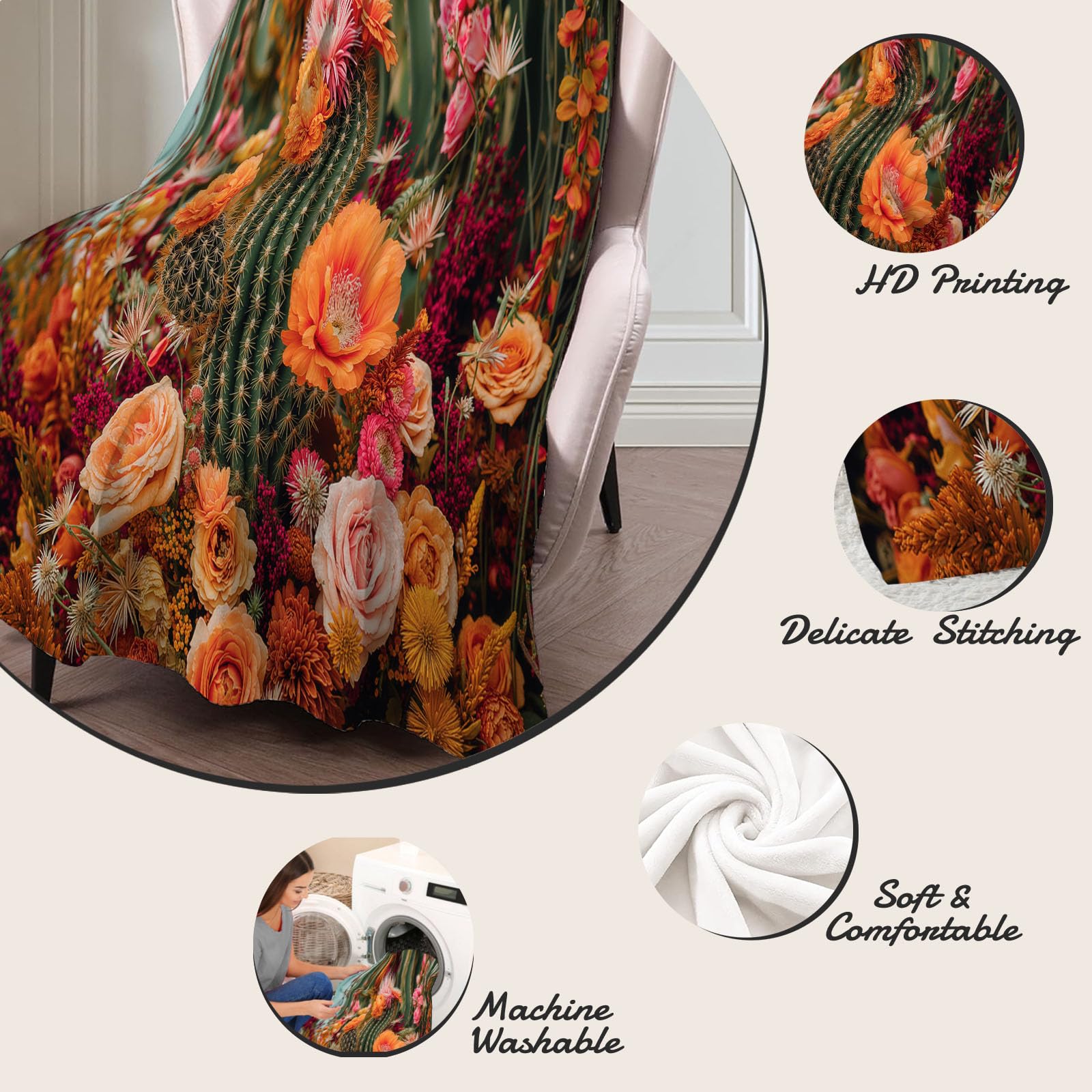 Manta Fotografía De Flores Franela de Suave, Manta Vistoso con Estampado Cactus Rosas Margaritas Suave y Acogedora, para Niños y Adultos Cama Sofá Sillón Viajes 220x240 cm