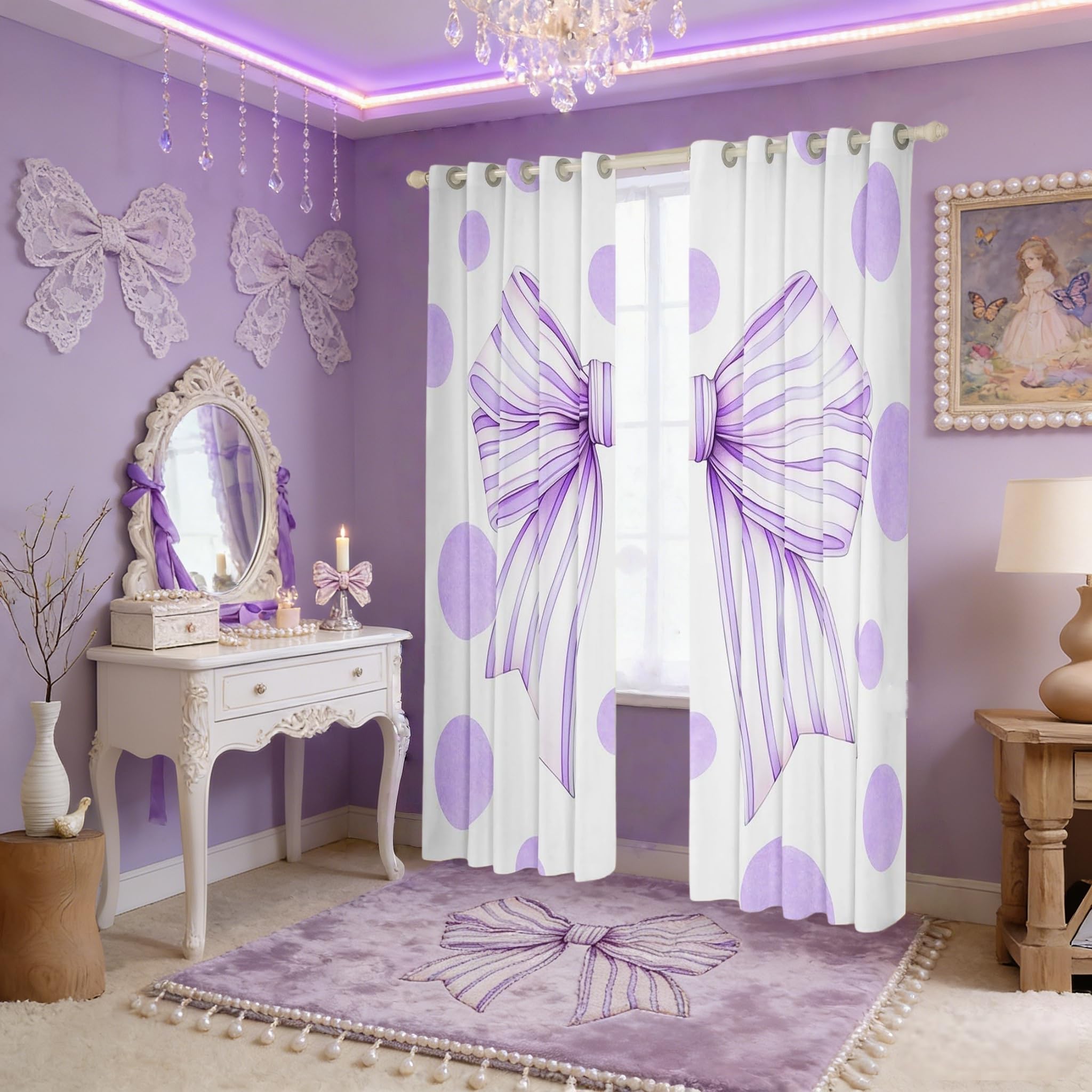 Fenstervorhänge mit Fliege, romantische, schöne Prinzessinnen-Fenstervorhänge, Kawaii, verträumte Fantasie, für Jungen und Mädchen, Raumdekoration, Lila, 2 Paneele, 106 x 160 cm (B x L)