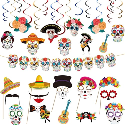 24 piezas de accesorios para cabina de fotos del Día de los Muertos, decoración colgante de fiesta de calavera para fiesta de decoración de