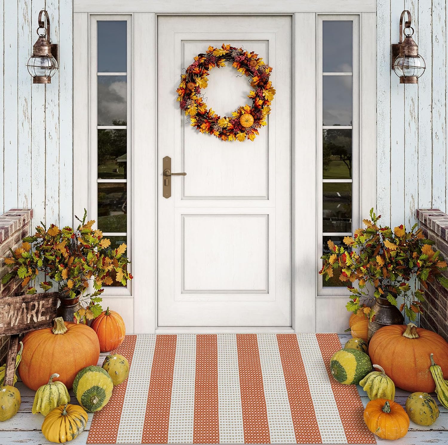 OJIA Fall Front Door Mat 24"x35" Cotton Woven Washable Orange Striped Porch Rug Indoor Doormat Small Outdoor Rugs Farmhouse Entry Rug Kitchen Throw Rugs for Layered Door Mats/Bedroom 2'x3' Orange/Beige