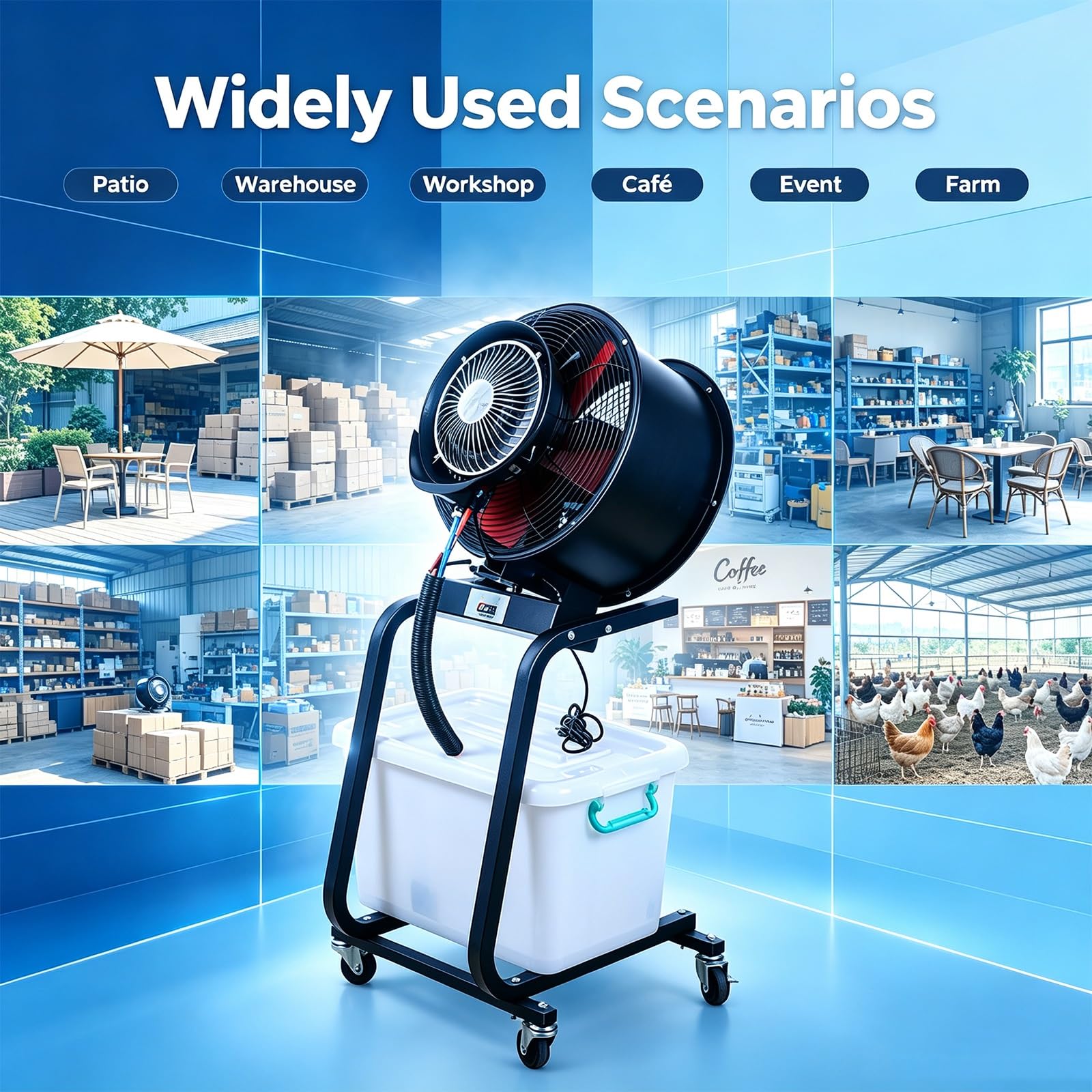 Ventilador Nebulizador Industrial Portátil para Uso Comercial | Depósito 50L, Ruedas 360°, Motor de Cobre, Oscilación 90°, Refrigeración Exterior y Comercial