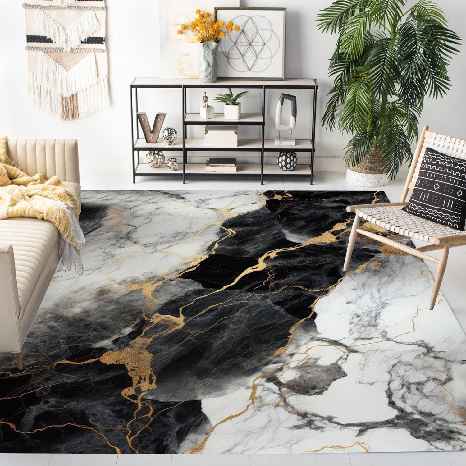Luxury Faux Wool Washable Black Grey Gold Marble Area Rug 5x7 Non Shedding Modern Abstract Rug for Living Room Bedroom Diningroom Aesthetic Home