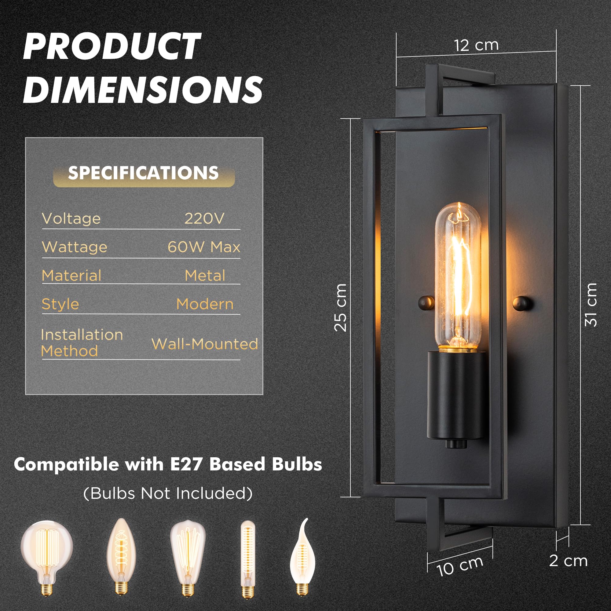 FTL 2 Stück Wandleuchte für Innen Industrial, Wandlampe Innen aus Metall, Schwarz Wandbeleuchtung Wohnzimmer E27, Vintage 1 Flammige Flurlampe Innen, LED Retro Bettlampe für Schlafzimmer