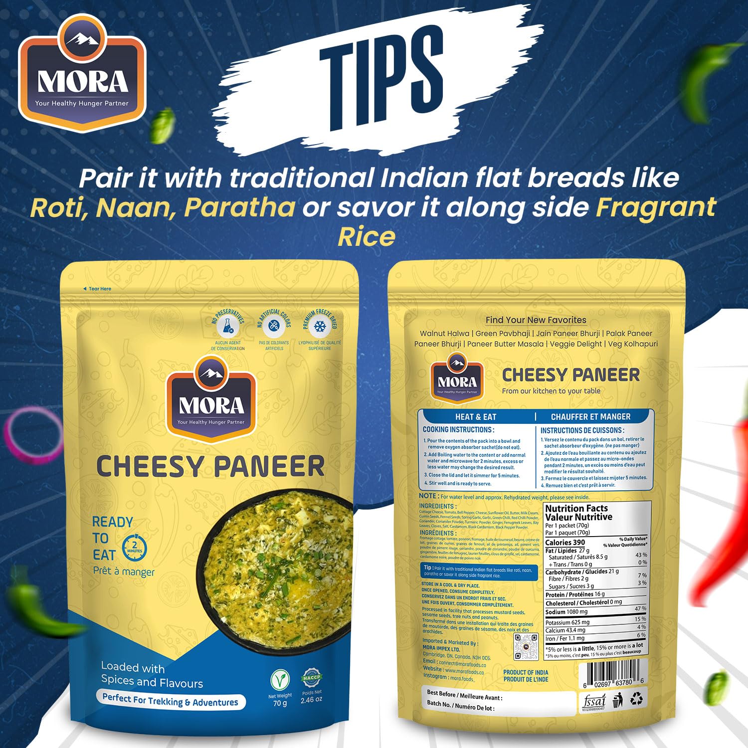 Mora Cheesy Paneer - Ready To Eat Premium Freeze Dried Instant Meal, Microwavable, Effortless Cooking, Gluten-free, Plant-based, High Protein, Emergency Food, Vegan