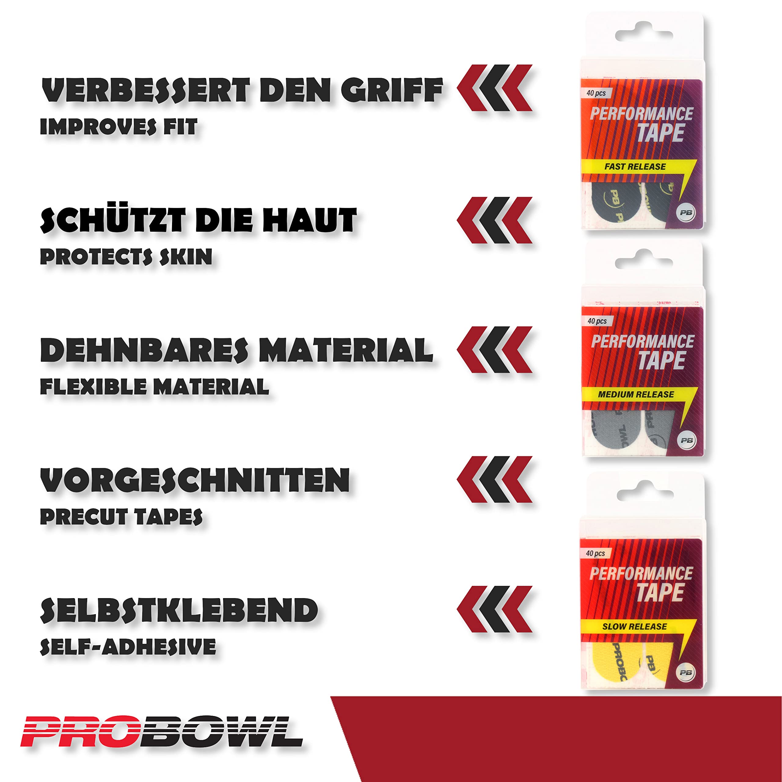 Pro Bowl Performance Tape – Nastro per pollice – pretagliato – Autoadesivo – Protezione da abrasioni, bolle, calli – Migliora la presa – 40 pezzi per confezione (grigio