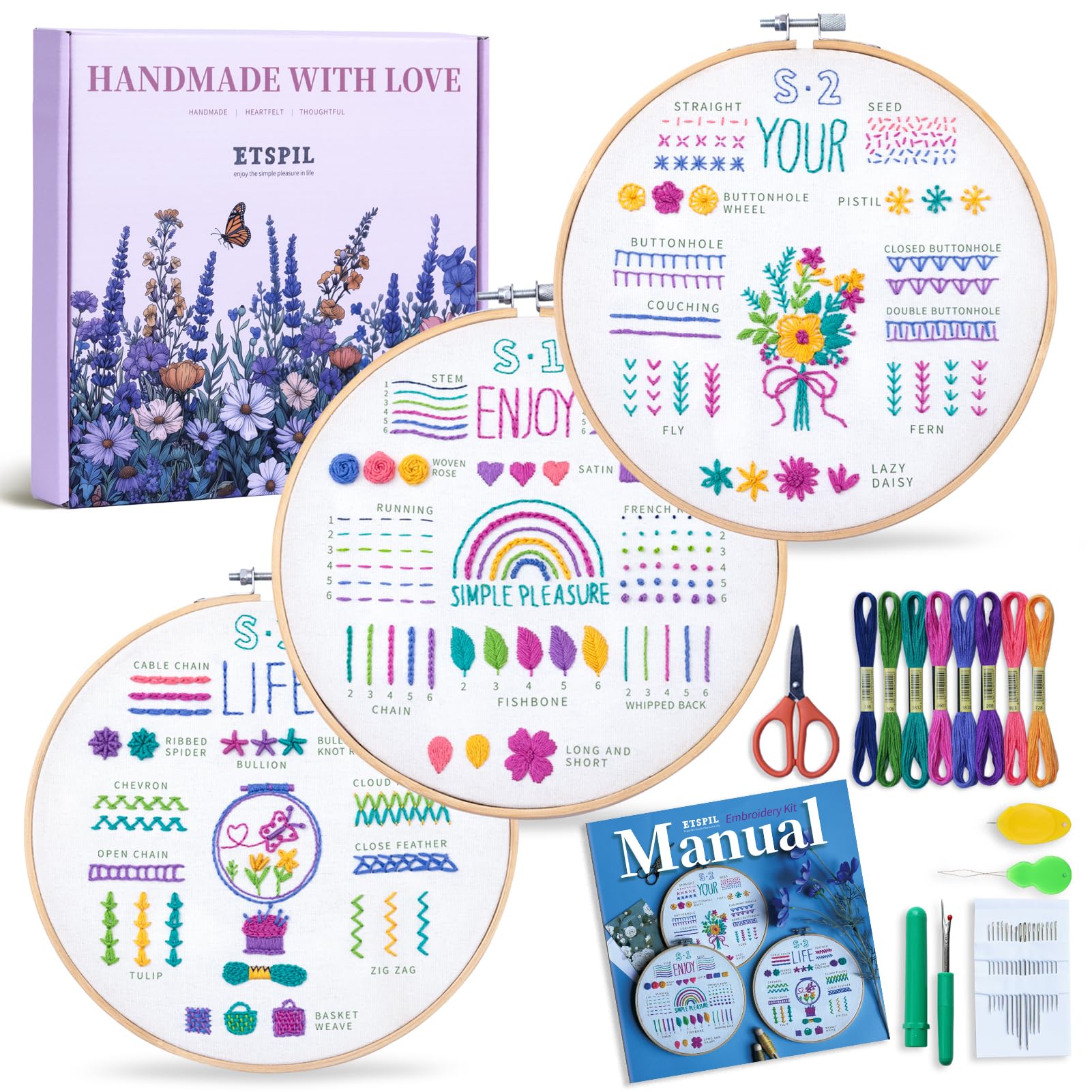 ETSPIL 3 Pack Embroidery Kit for Beginners and Adults,Learn 33 Stitches with DIY Stamped Flower Patterns – Includes Hoop, Color Threads, Tools, and Step-by-Step Instructions with Video Tutorials