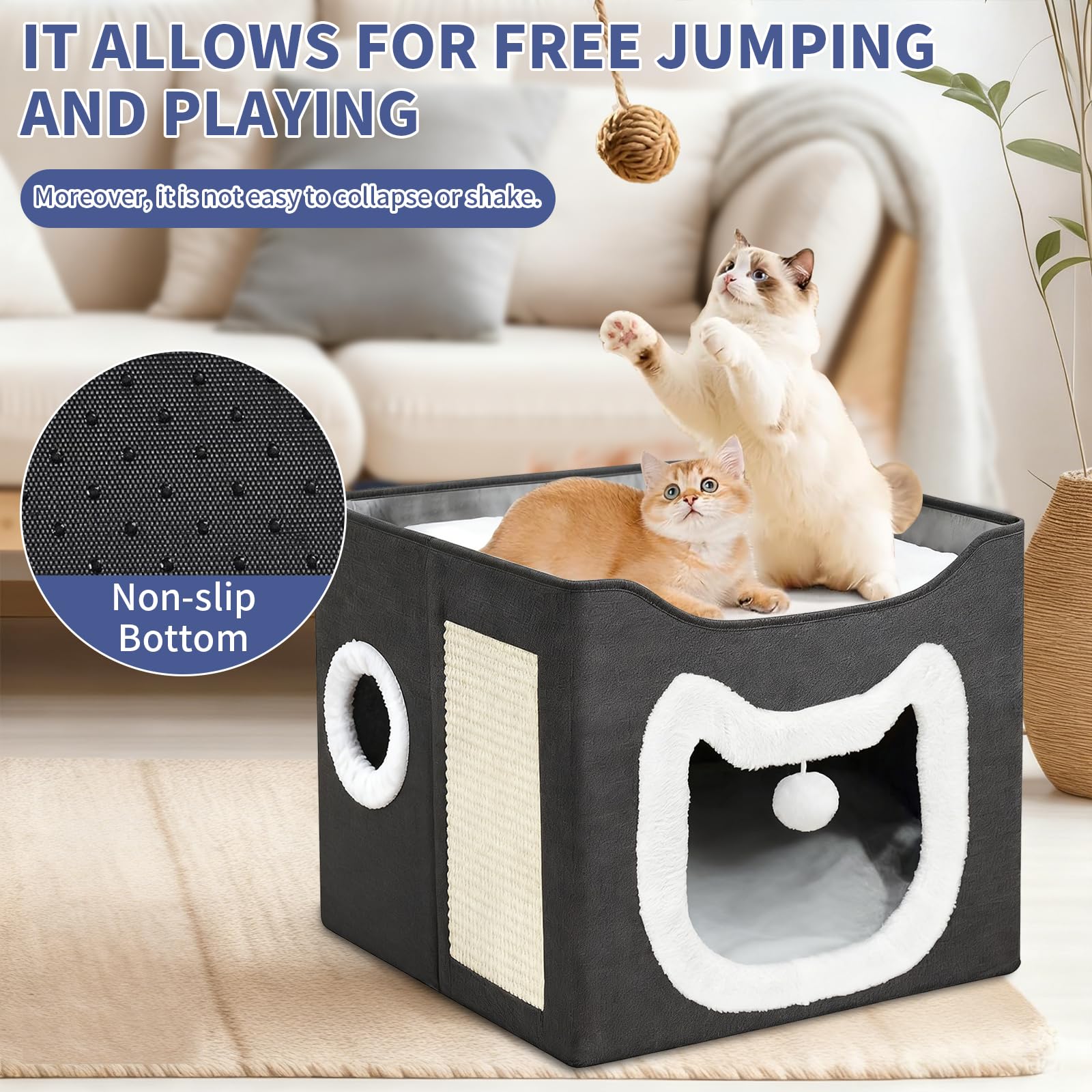 سرير للقطط في الاماكن المغلقة، كهف قطط كبير مع كرة منفوشة ووسادة خدش، منزل خدش للقطط قابل للطي مع مسكن مخبأ للقطط، 16 × 16 × 14 انش