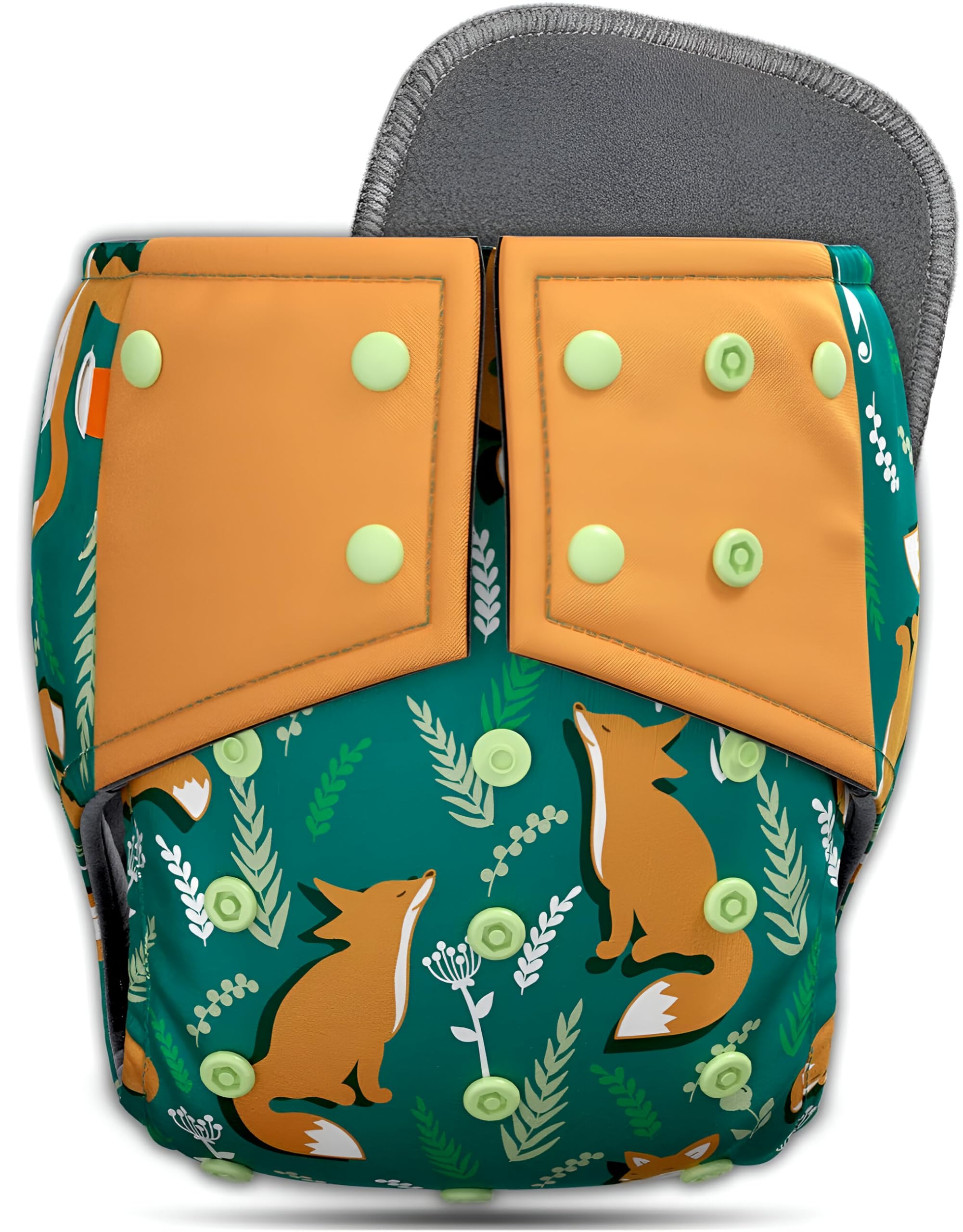 Laee cute Reusable Cloth Nappy with Fox Pattern, Green and Orange, Snap Buttons (Green+Orange)