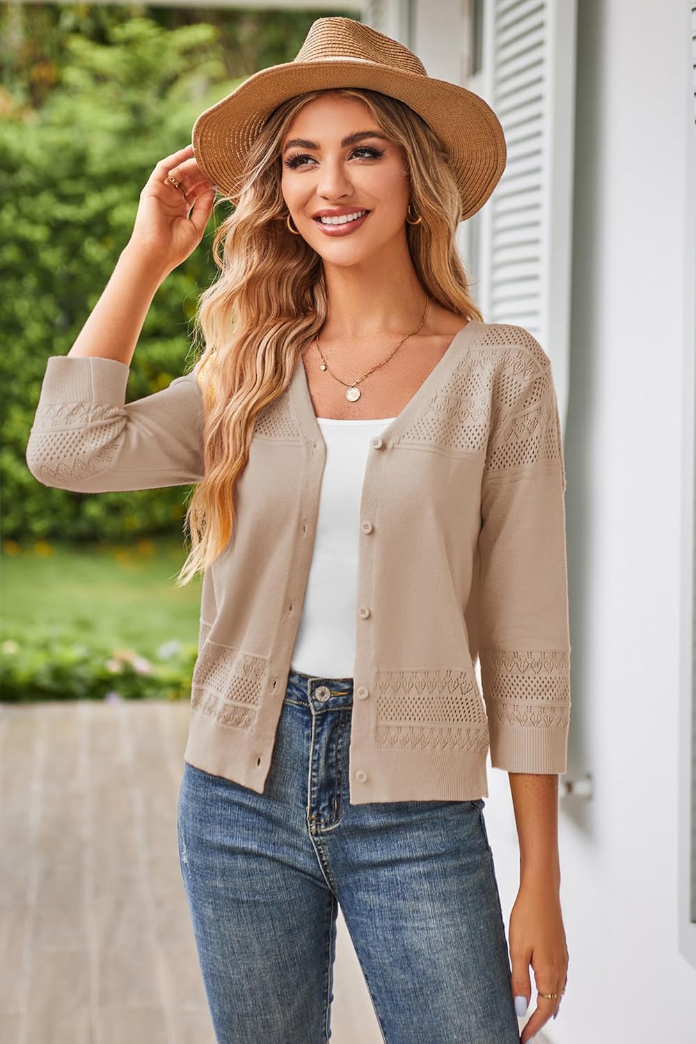 GRACE KARIN Women's 2025 Cropped Cardigan 3/4 Sleeve Lightweight Crochet Shrug Hollowed-Out Knit Sweater Tops - Image 5