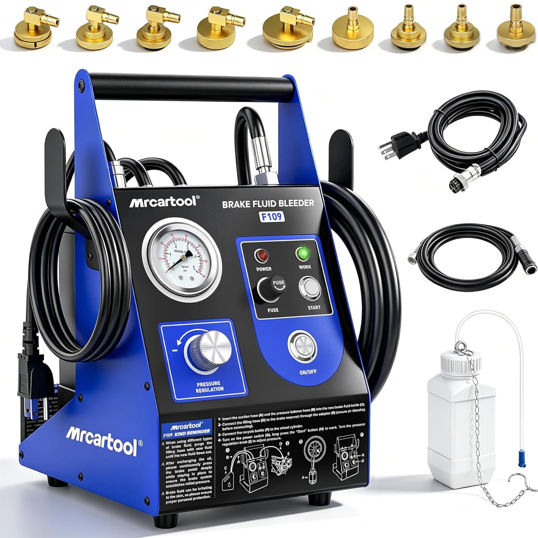 MR CARTOOL F109 samochodowy odpowietrzacz hamulców 220 V, pulsujący automatyczny zestaw odpowietrzający hamulców z 9 adapterami, przepływ 1,6 l/min, 0,5 ~ 2,5 bara, narzędzie do ekstrakcji próżniowej