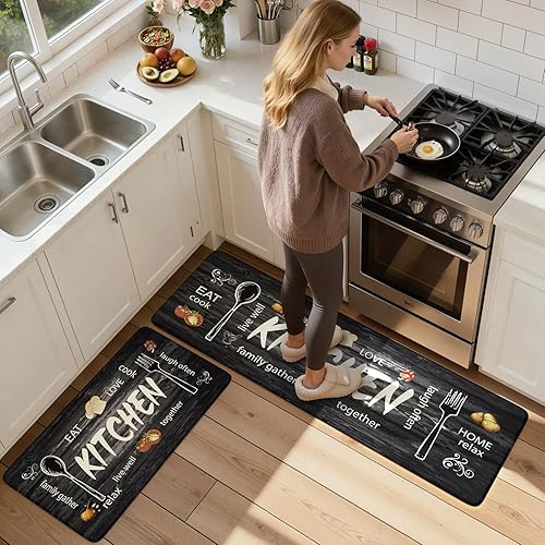 Vista 306 de KIMODE - Juego de 2 tapetes de cocina antifatiga, estilo vintage, antideslizantes, impermeables, ergonómicos, acolchados, cómodos para lavandería