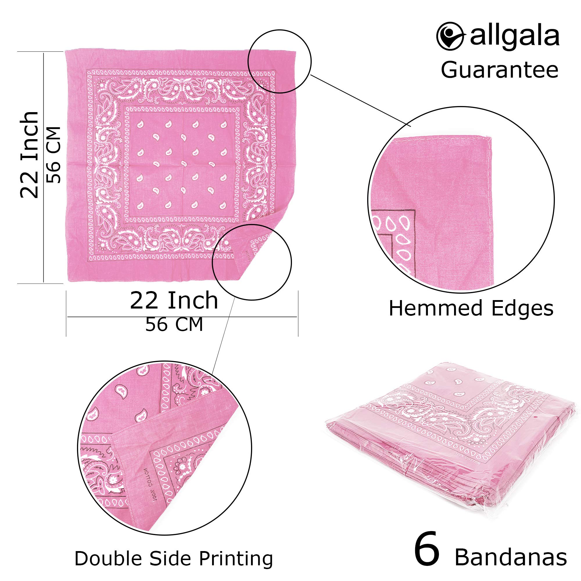 allgala 12 Pack 100% Cotton Premium Bandanas Head Band Wrap Scarf-Light Pink-HA55909