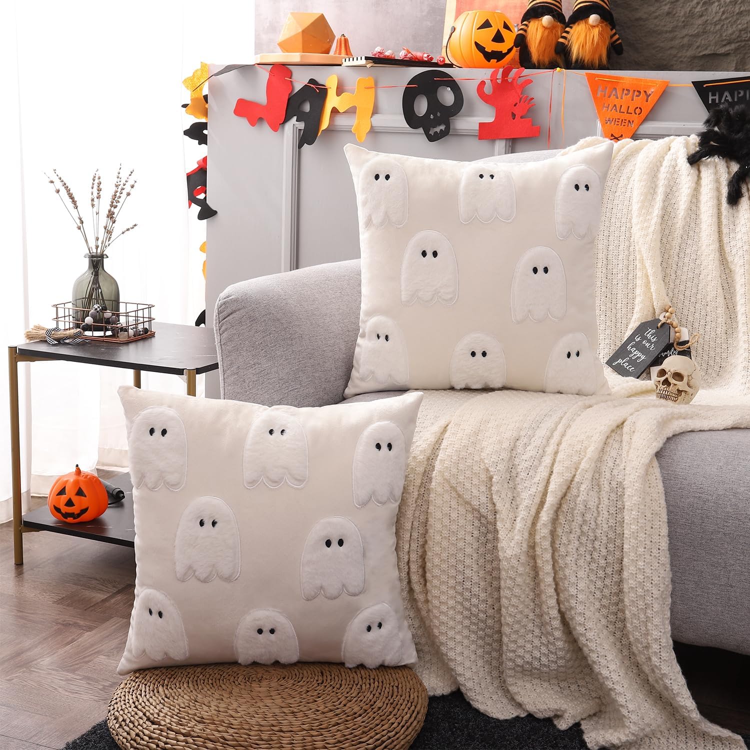 luoyehk halloween throw pillow covers 18x18 set of 2 white ghosts embroidered pillow cases holiday velvet cushion covers for couch sofa bed white ghost 2 18" x 18" (pack of 2)