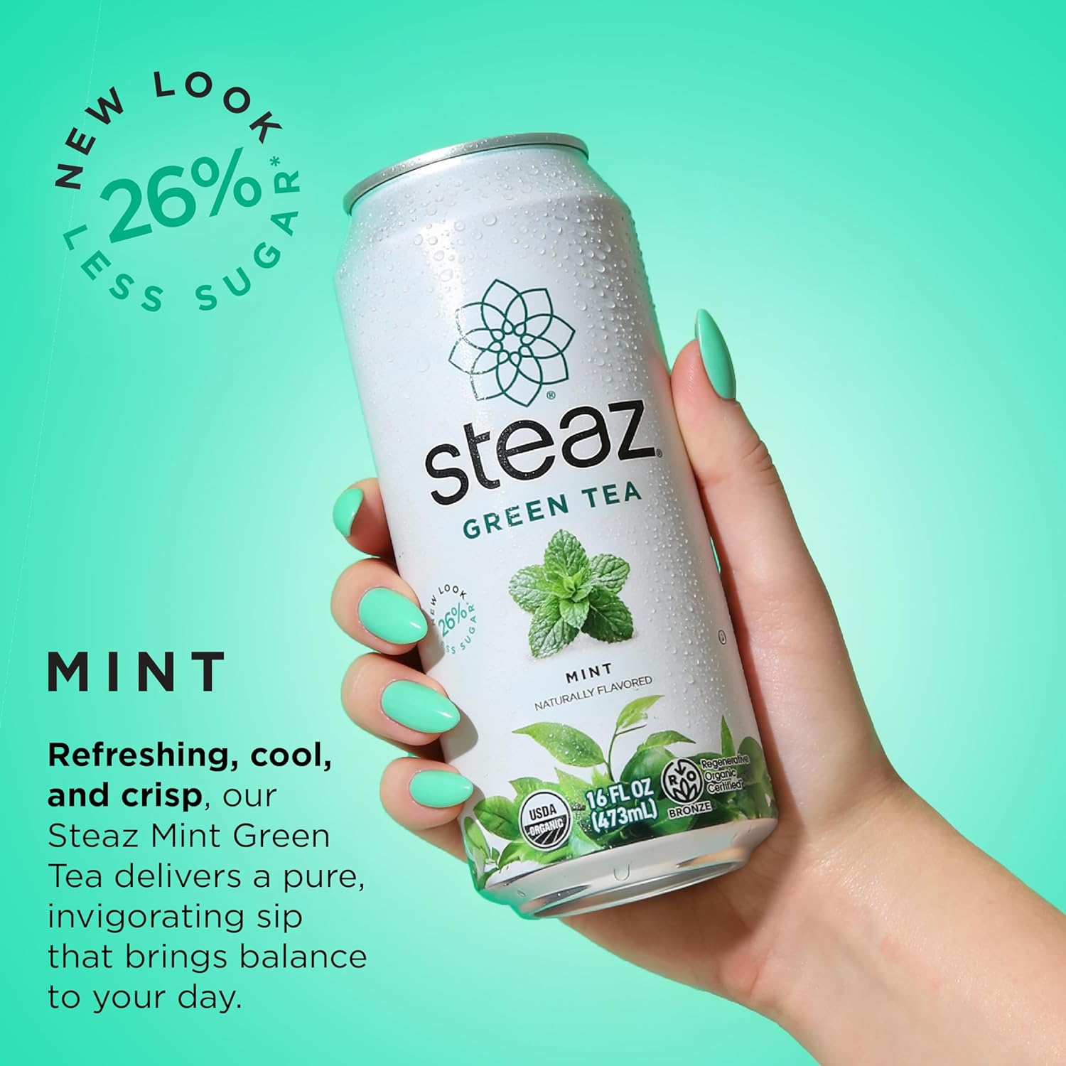 Steaz - Organic Green Tea - Mint (12 Pack) - 30mg Natural Caffeine, 60 Calories - Cane Sugar - Sweetened Iced Tea - Regenerative Organic Certified® - Vegan, Direct Trade - 12 Cans, 16 fl oz