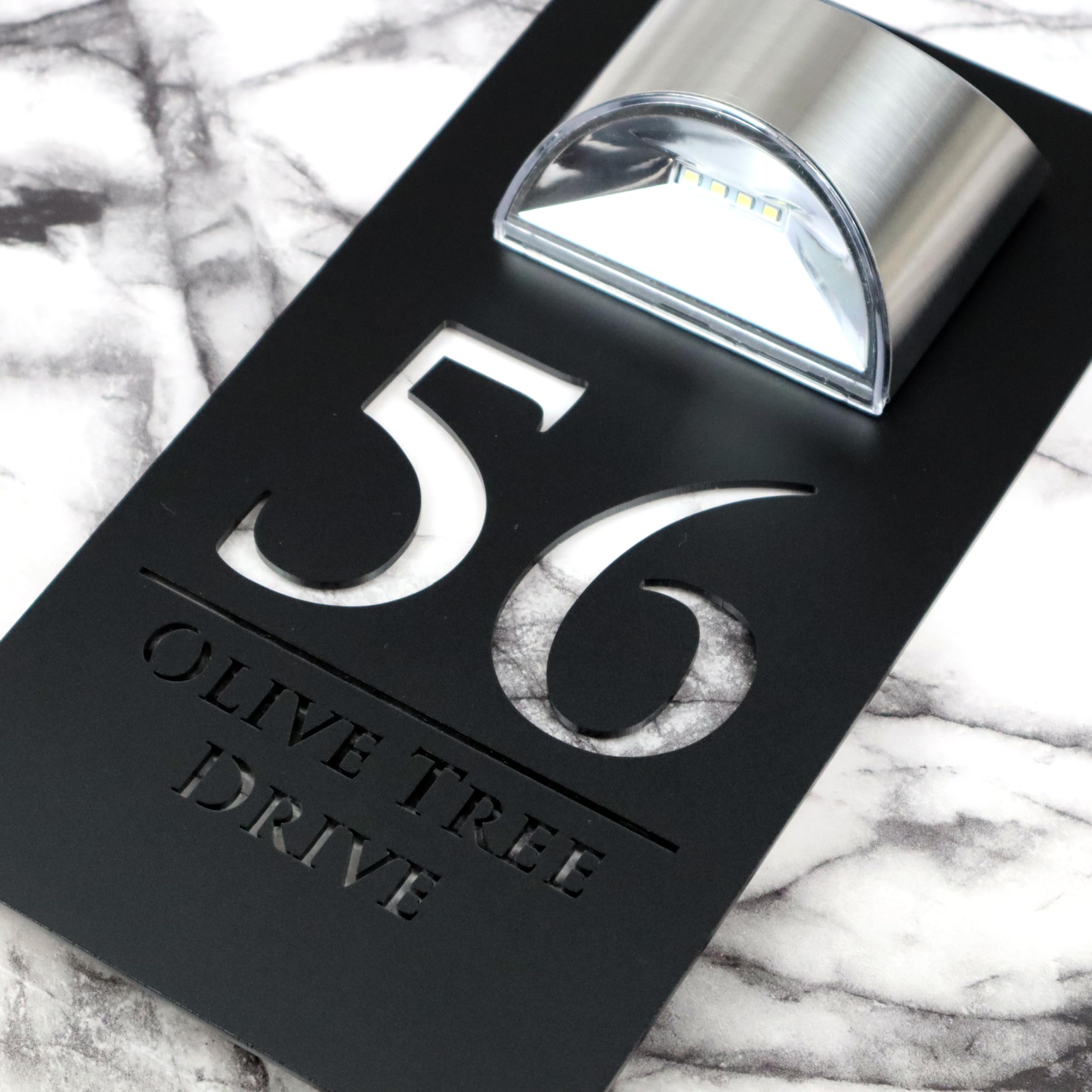 K Smart Sign | Bellissima LED F32 | Contemporary House Signs Plaques Door Numbers 1-9999 Street Name SOLAR LIGHT LED For Wall Personalised Laser Cut Mirror! (Matt Black & White Marble) โ image 1