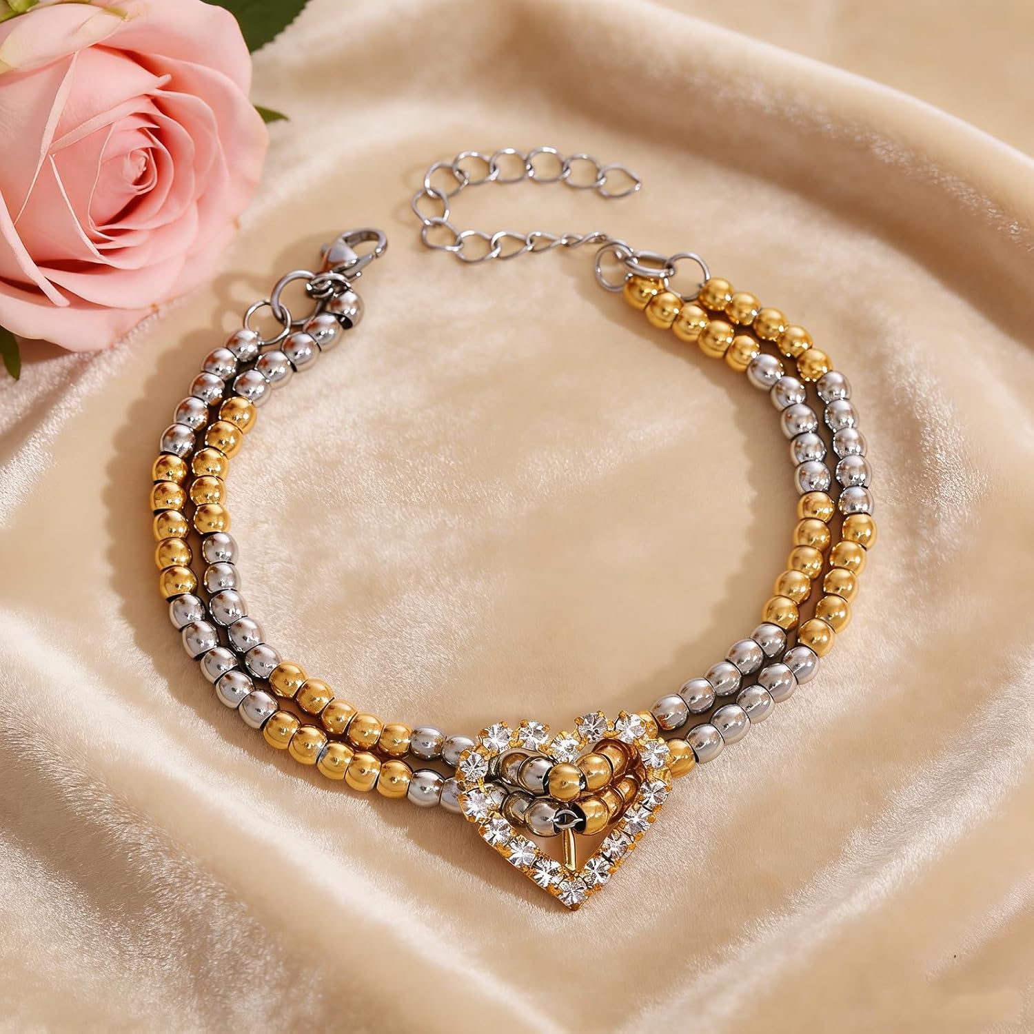 Heart Bracelets for Women Double Layer Bead Bracelet with Cubic Zirconia Crystal Heart Pendant, Stack Bracelets, Fashion Jewelry Presents Gift for Her, Adjustable Size 6.69"+1.97"