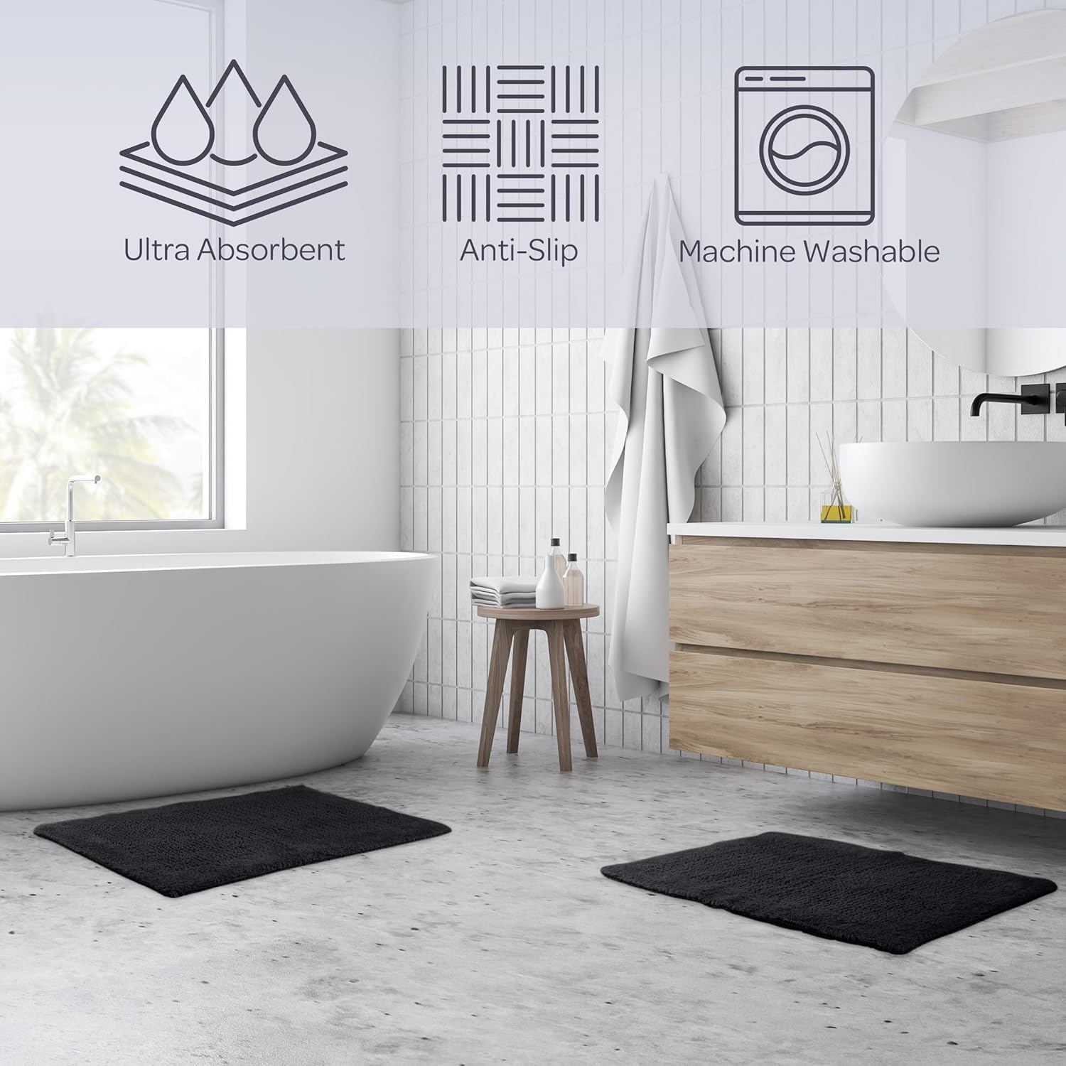 Bathroom Rugs - 2-Piece 2500GSM Cotton Bath Mat Set - Reversible Rugs for Shower, Tub, Toilet, or Vanity - Machine Washable Bath Mats for Bathroom, Kitchen, or Laundry Room by Lavish Home (Black)