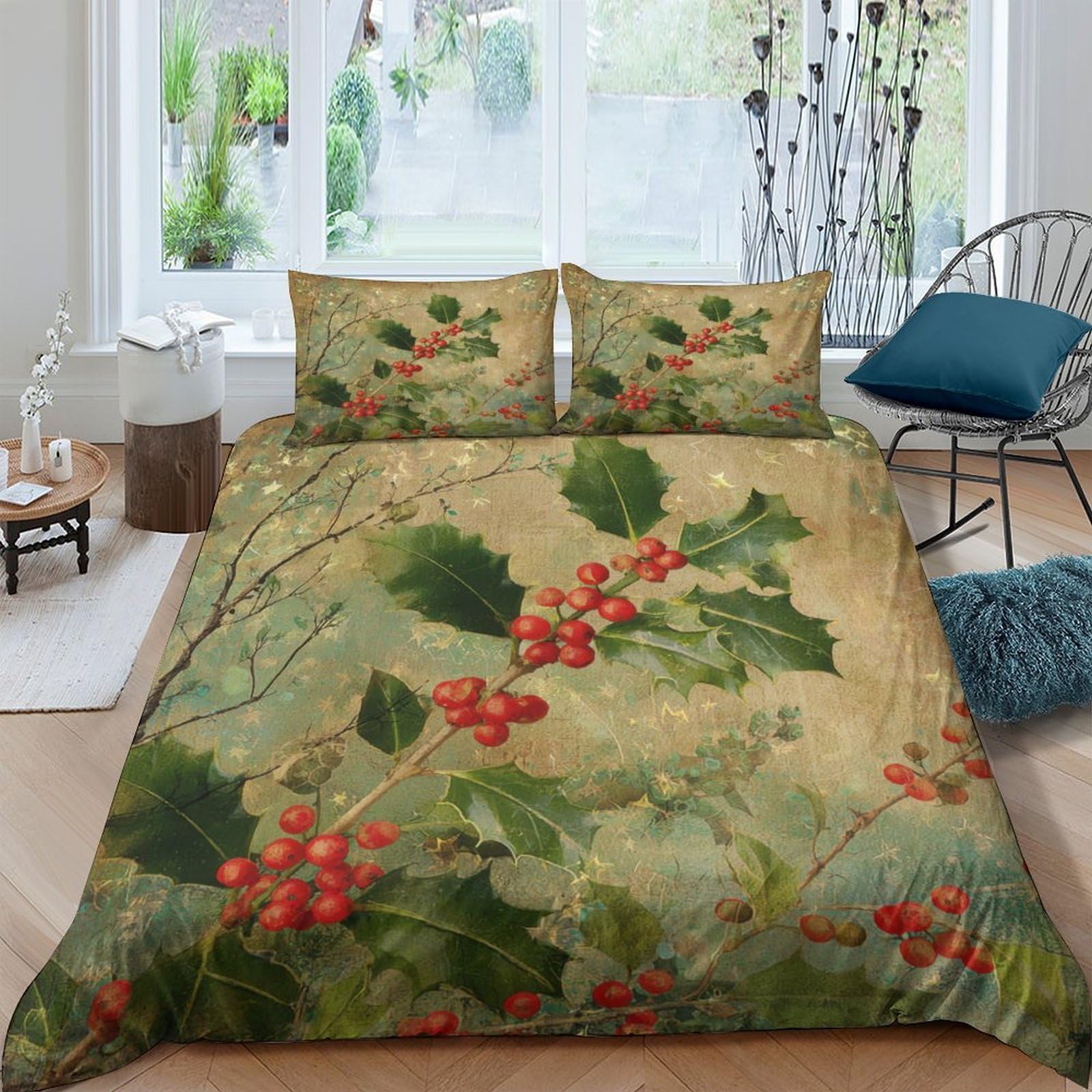 Housse pour couette imprimée houx vintage pour une ambiance de chambre chaleureuse