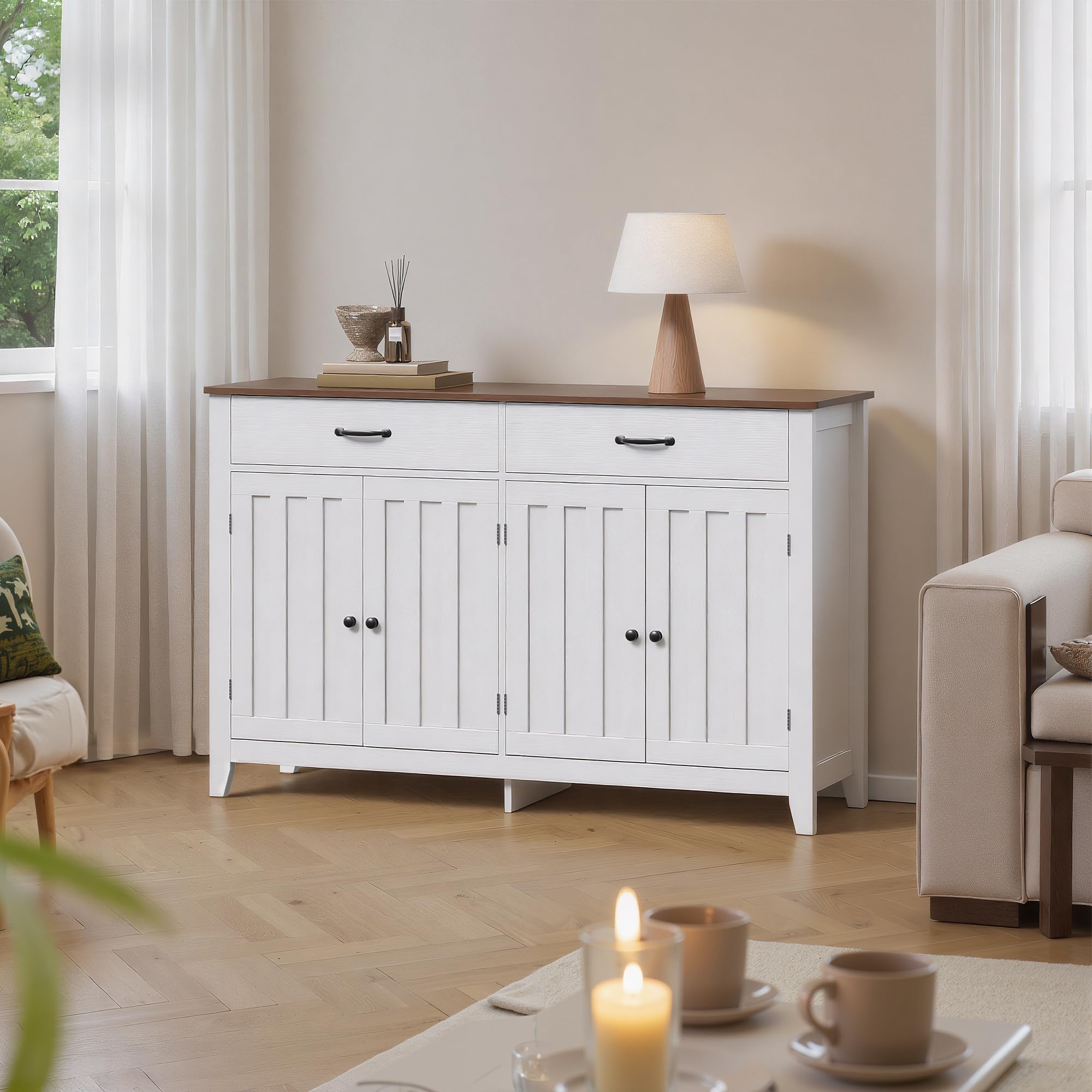Credenza Cucina,Mobile da Cucina con Piano, con 4 Doors and 2 Drawers,per Soggiorno, Cucina, Sala da Pranzo,140 x 40 x 89CM,Retro