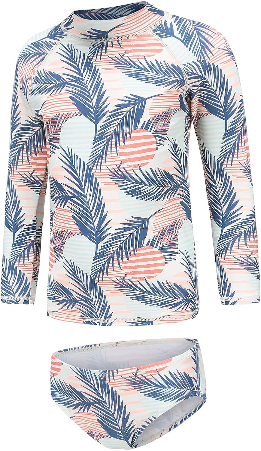 Girls Two Piece Rash Guard Swimsuits Set Long Sleeve Bathing Suit with UPF 50+ Sun Protection Kids Sunsuits Swimwear Set
