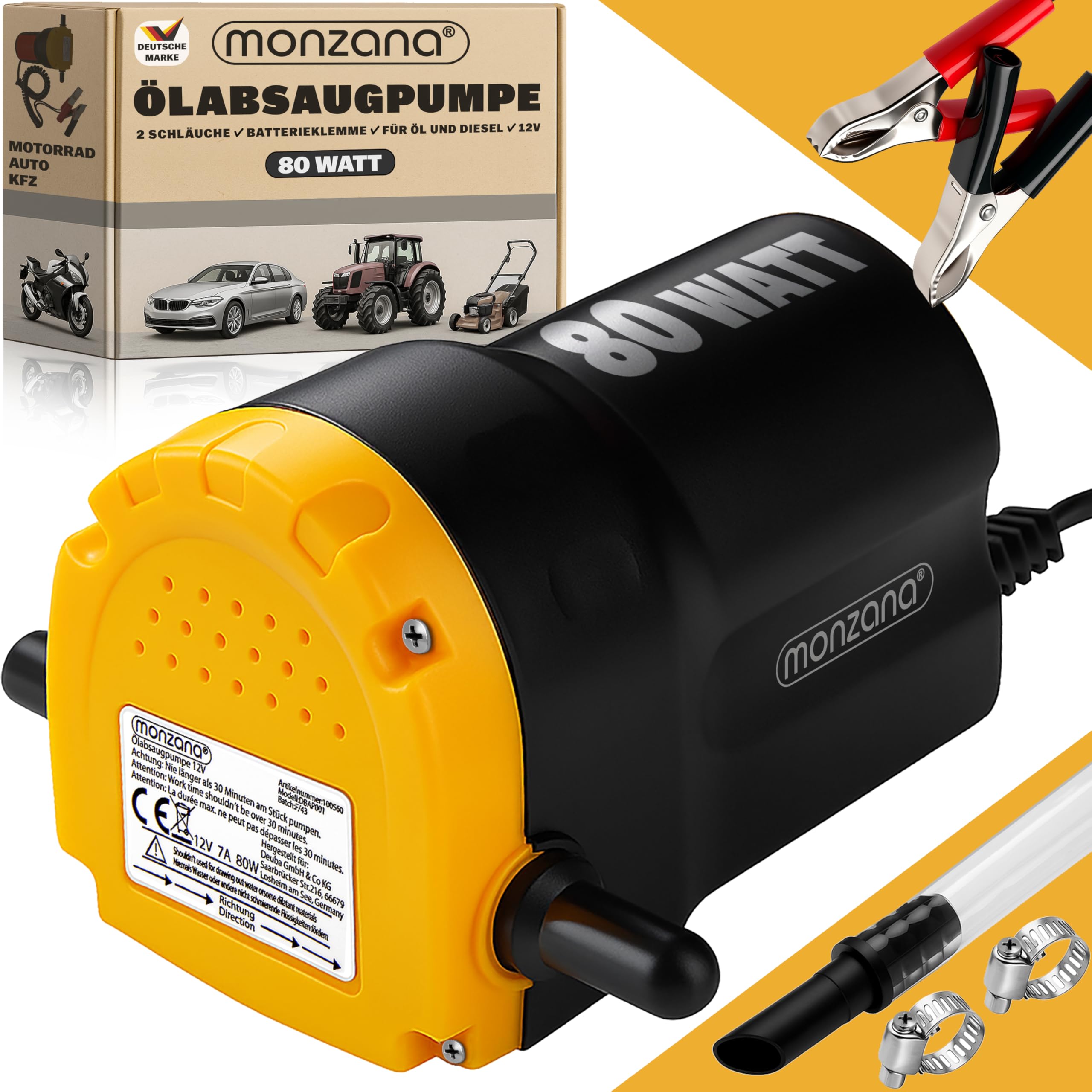 Monzana® Ölabsaugpumpe elektrisch 12V 80 Watt 5l/min Ölpumpe Absaugpumpe Pumpe Dieselpumpe Ölwechselpumpe Kraftstoffpumpe für Auto Motorrad KFZ