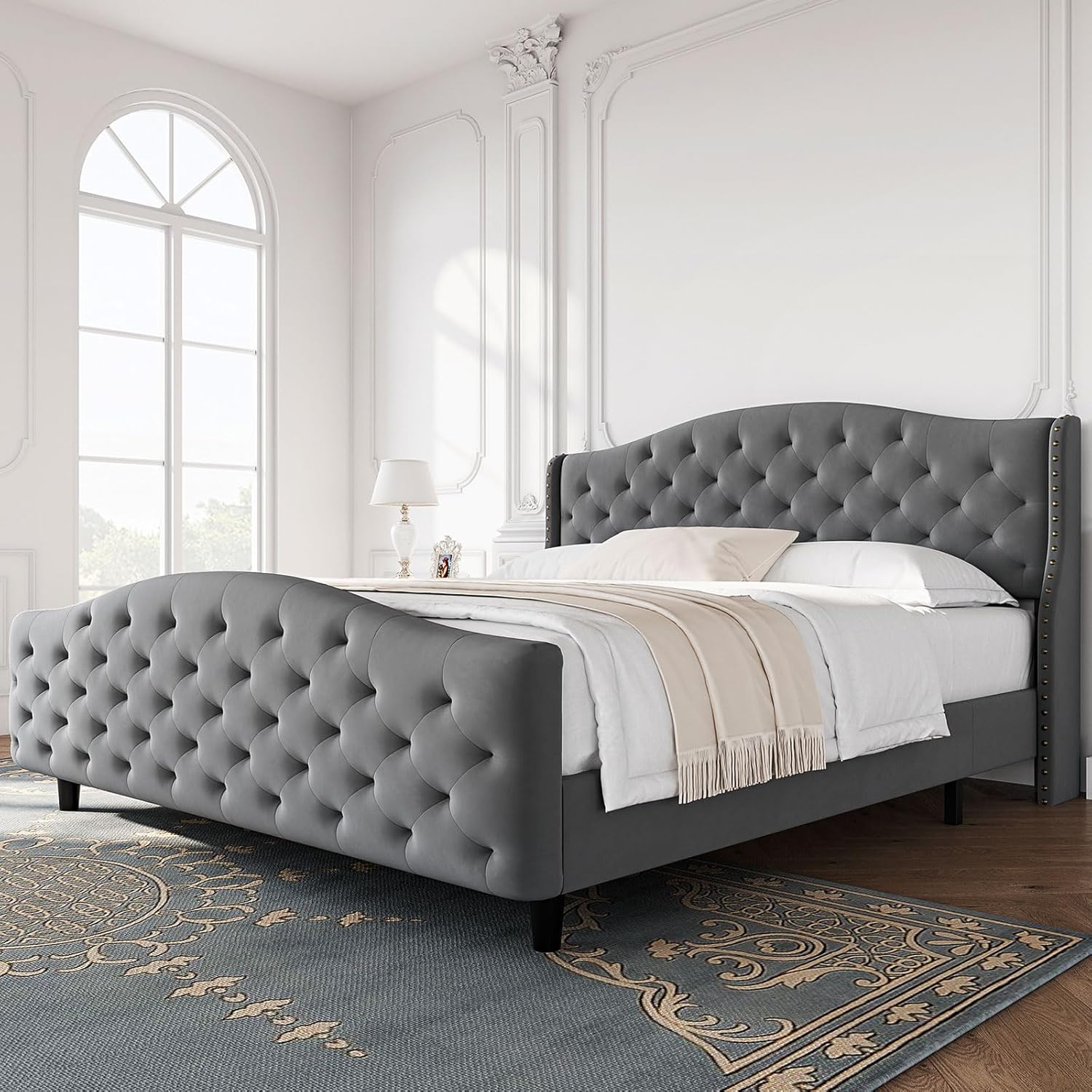 GAOMON Queen Size Velvet Platform Bed Frame with Headboard