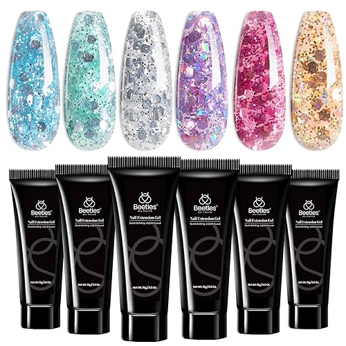 Miniatura 24 de Beetles - Kit de gel de extensión de uñas de polietileno con luz UV: juego de 6 colores de gel constructor rosa con purpurina blanca con capa base