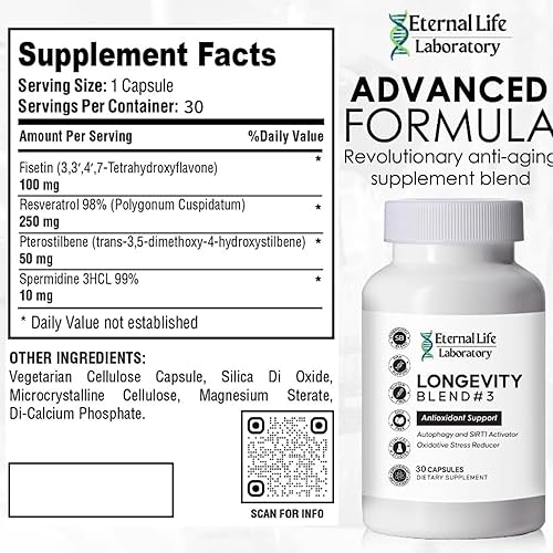 Miniatura 6 de Mezcla de longevidad #3 - Resveratrol 98% con espermidina de fisetina pterostilbeno, antienvejecimiento, reductor de estrés oxidativo, suplemento