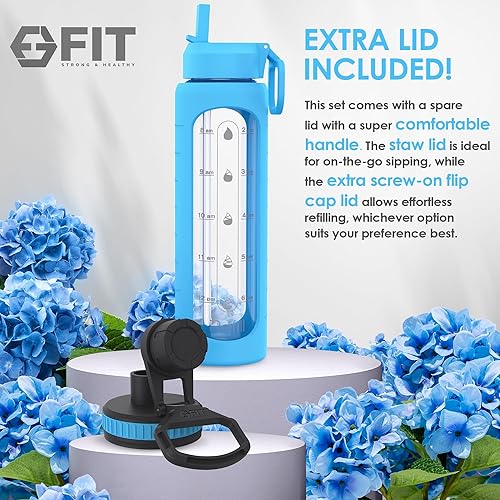 Miniatura 5 de FIT Strong & Healthy 32 oz Glass Water Bottle with Straw Lid - Wide Mouth Borosilicate Glass Water Bottles with Time Marker, Silicone Sleeve & Extra