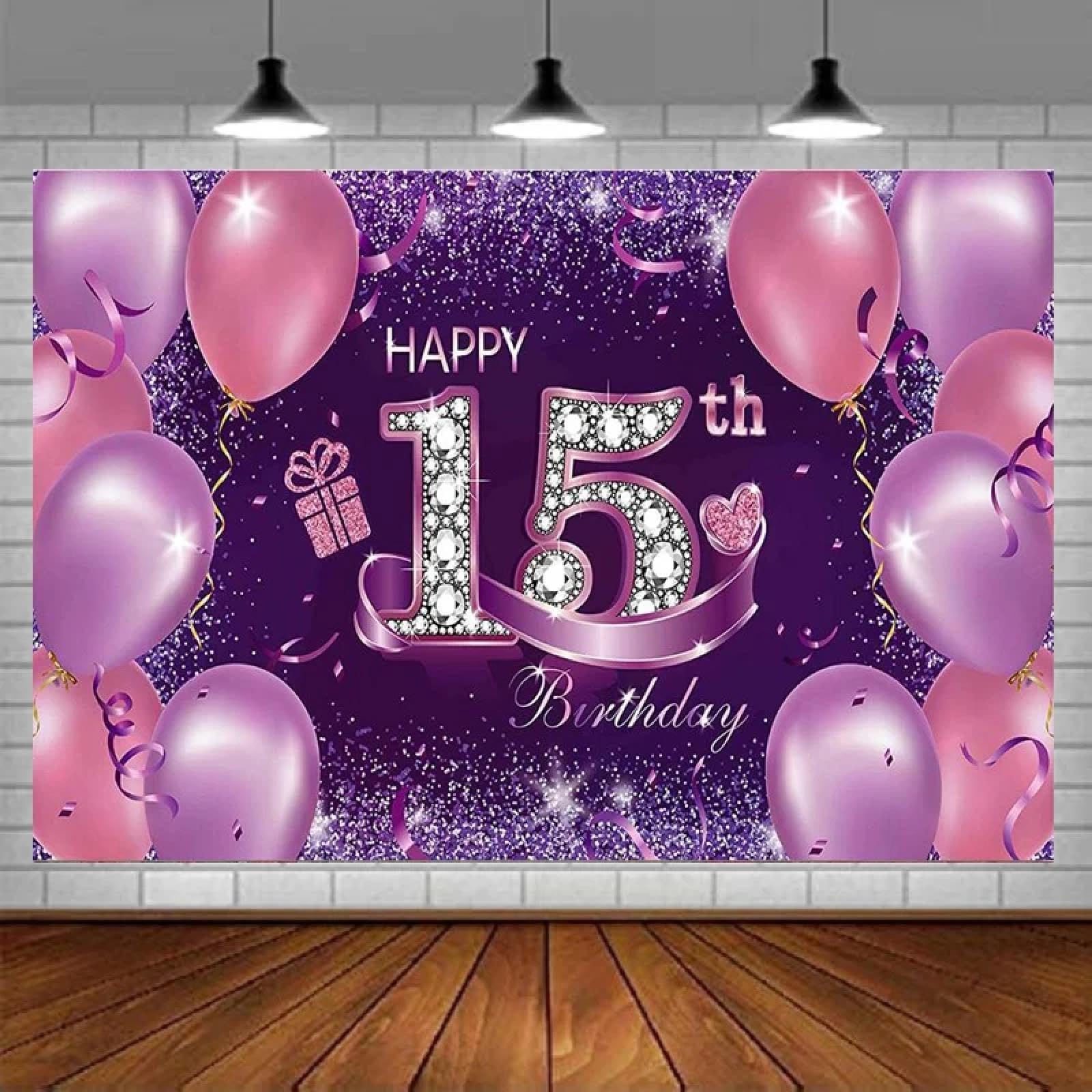 Zdjęcie tło fioletowy Happy 15th Anniversary Birthday Party Znak Banner Fotobudka Dekoracje Tło dla dziewczynek