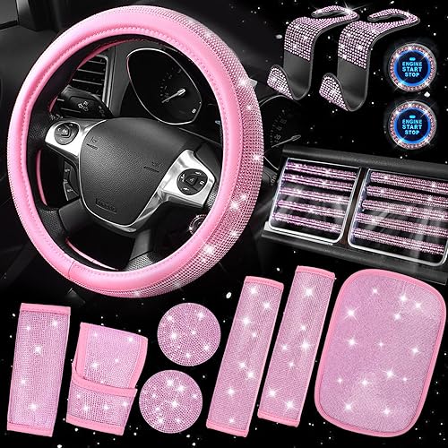 Miniatura 10 de CAR PASS Fundas de asiento de automóvil de cuero con diamantes brillantes, 11 unidades, funda de volante con diamantes de imitación brillantes