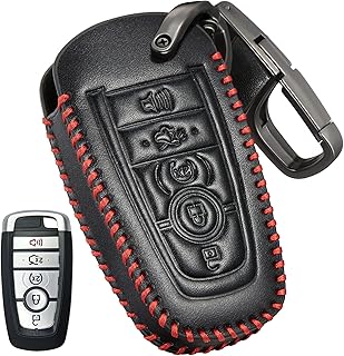 for Ford Key Fob Cover Keychain Accessories for Fusion Bronco Mustang Raptor F250 F350 F450 F550 Edge Explorer Expedition 5 Buttons, Leather Case+D-Ring+Hook(Black)