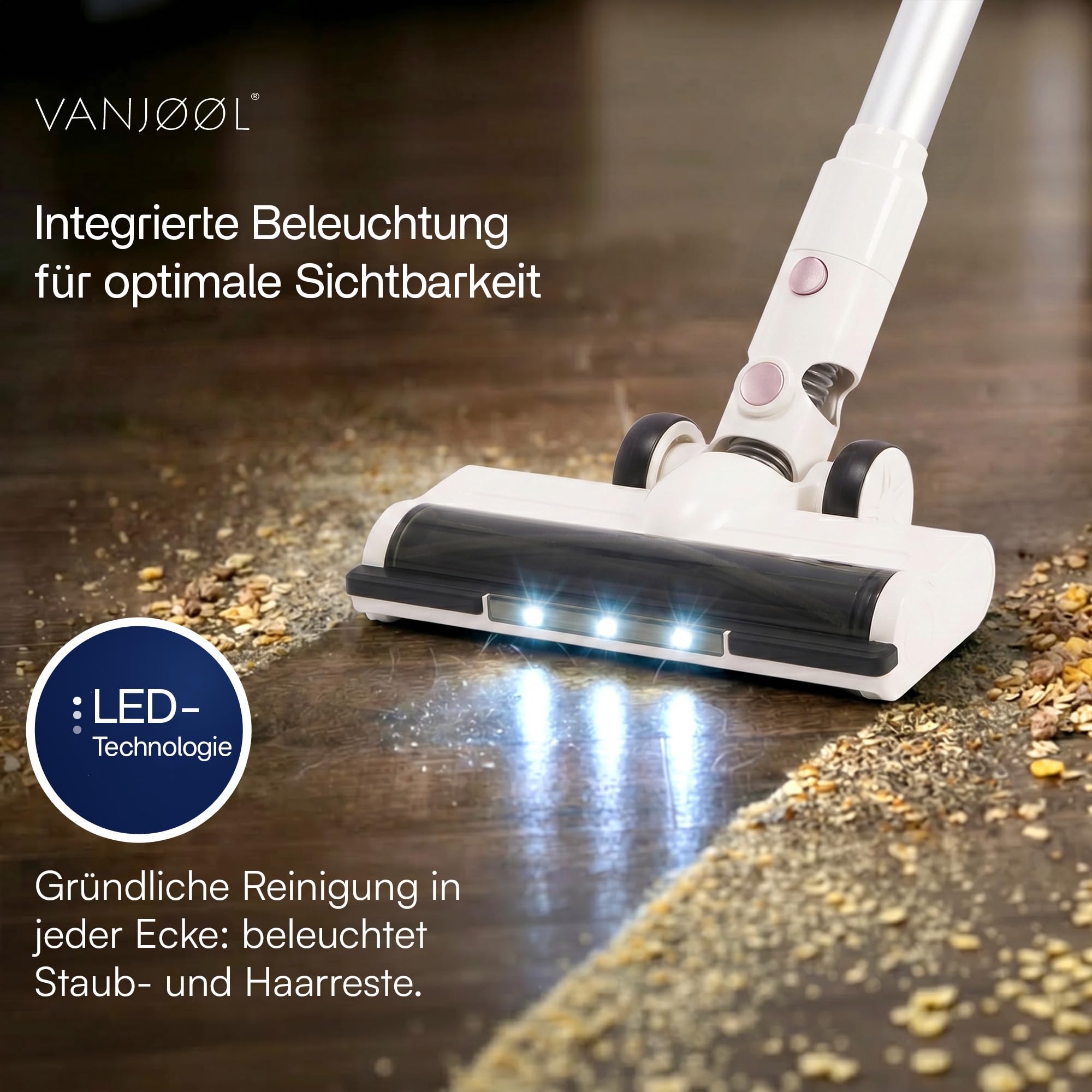 VANJOOL® Akku Staubsauger Kabellos 250W – 9 kPa Stielstaubsauger & Handstaubsauger – Beutelloser Staubsauger mit Wandhalterung – LED-Beleuchtung – 2 Saugstufen – 3 Aufsätze - Weiß / Rosa