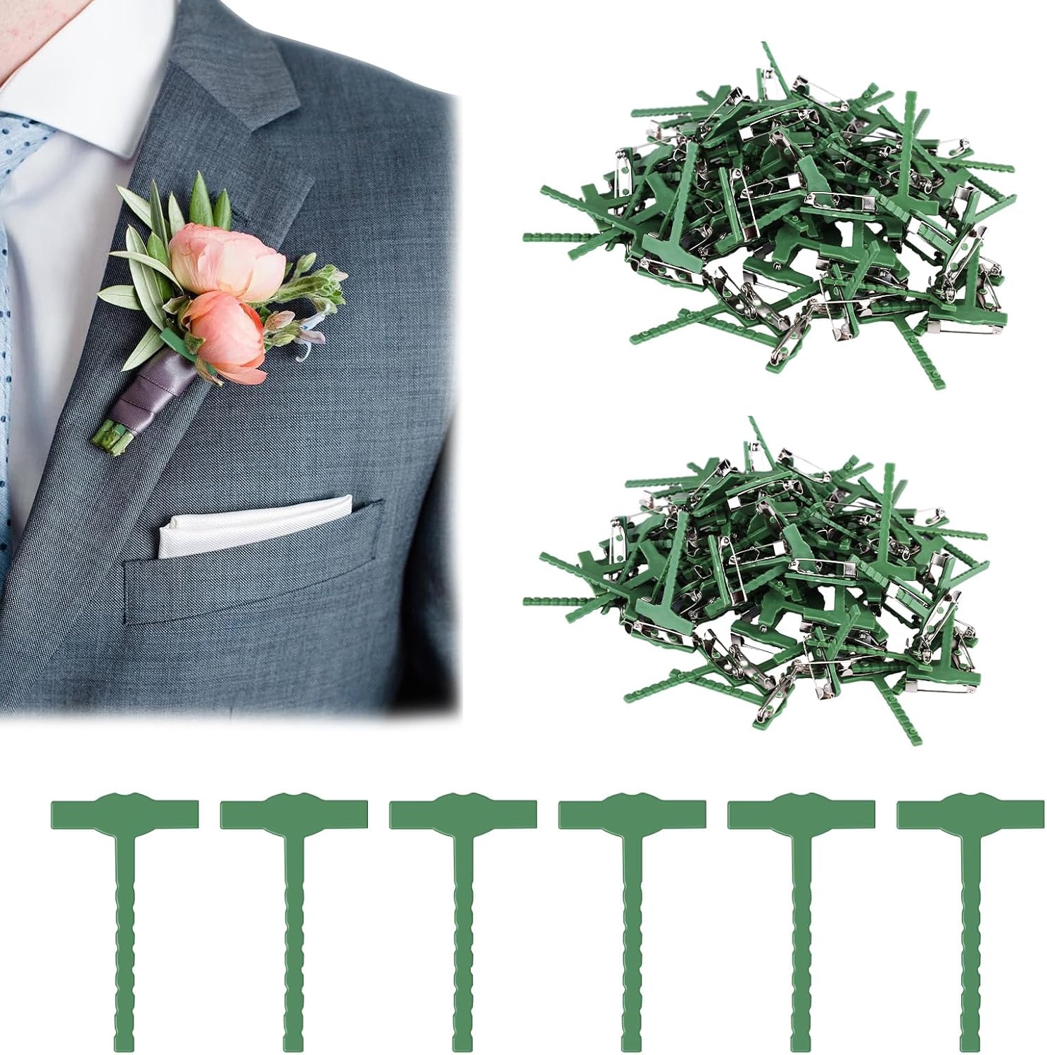200 Pieces T-Shaped Boutonniere Pins, Green Buttonhole Flowers Corsage Pins, Triangle T Plastic Brooch Supplies for Weeding Bride Groom Clothes Decoration (200Pcs)