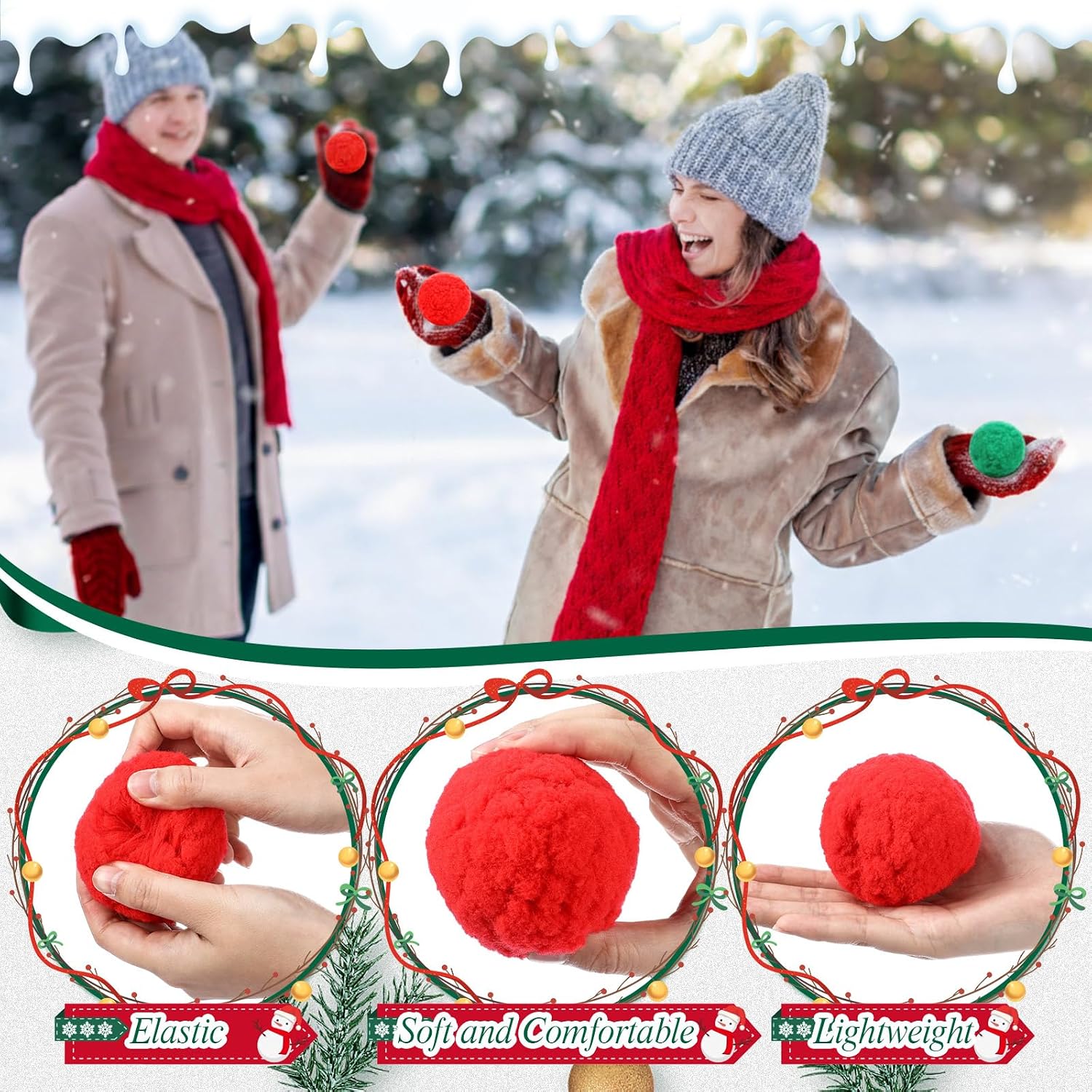 Soulchen 60 Pcs Fake Snow Balls Indoor 2.8 Inch Artificial Snow Ball | Red and Green Pom Pom Balls, Outdoor Snow Fight Games, Christmas Tree Decoration