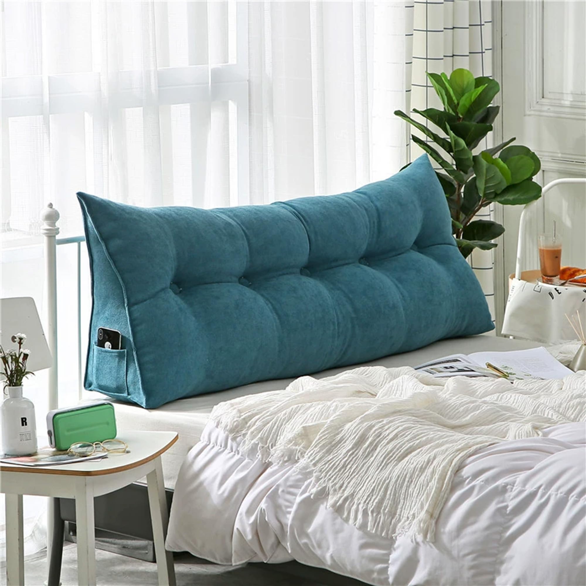DUOLEH Headboard Triangular Rest Reading Pillow, Triangular Wedge Bolster Pillow, Large Headboard Backrest, Lumbar Support Cushion with Pocket, Wedge Cushion for Beds (200x50x20cm,Light blue)