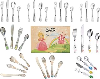 Kinderbesteck Set mit Gravur Name Geburtsdatum 4 teilig aus Edelstahl in edler Holz-Box (mit Motiv, Name und Widmung) / sehr grosser Motivauswahl - mit echter Lasergravur