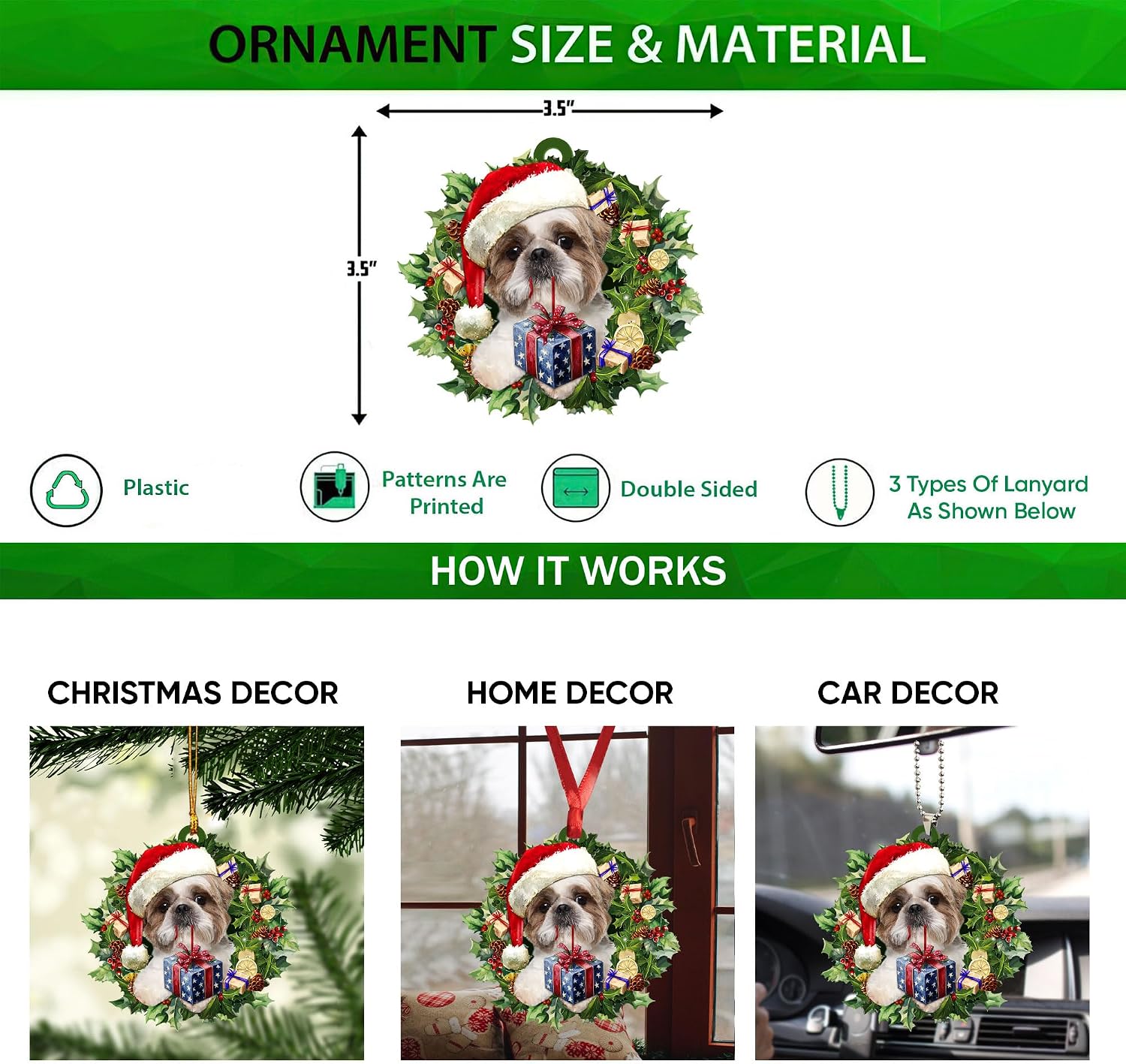 Talataca Shih Tzu Wearing A Christmas Hat Wreath Dog Lover 2D Flat Car Rear View Mirror Accessories Christmas Tree Ornament Decoration Hanging Charm Interior Rearview Pendant Decor Gift image 2