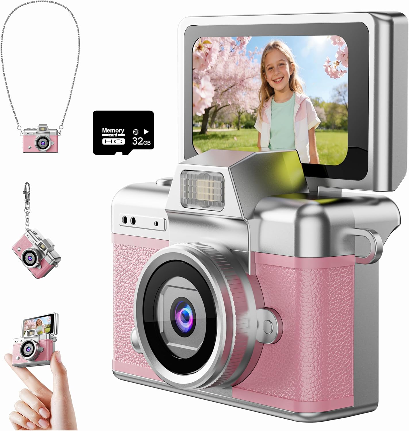 Mini Keychain Camera, 1080P Digital Camera with 1.47" LCD, 32GB TF Card Included, Pocket-Size Retro Camera for Kids & Adults, Travel Collectible Gift, Pink
