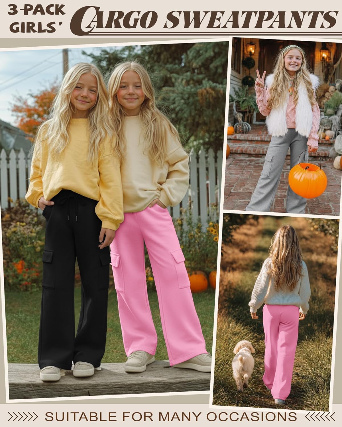 3 Pack Girls Wide Leg Sweatpants Kids Cargo Baggy Pants Drawstring Casual Athletic Joggers for Teens 5-14 Years - Image 2