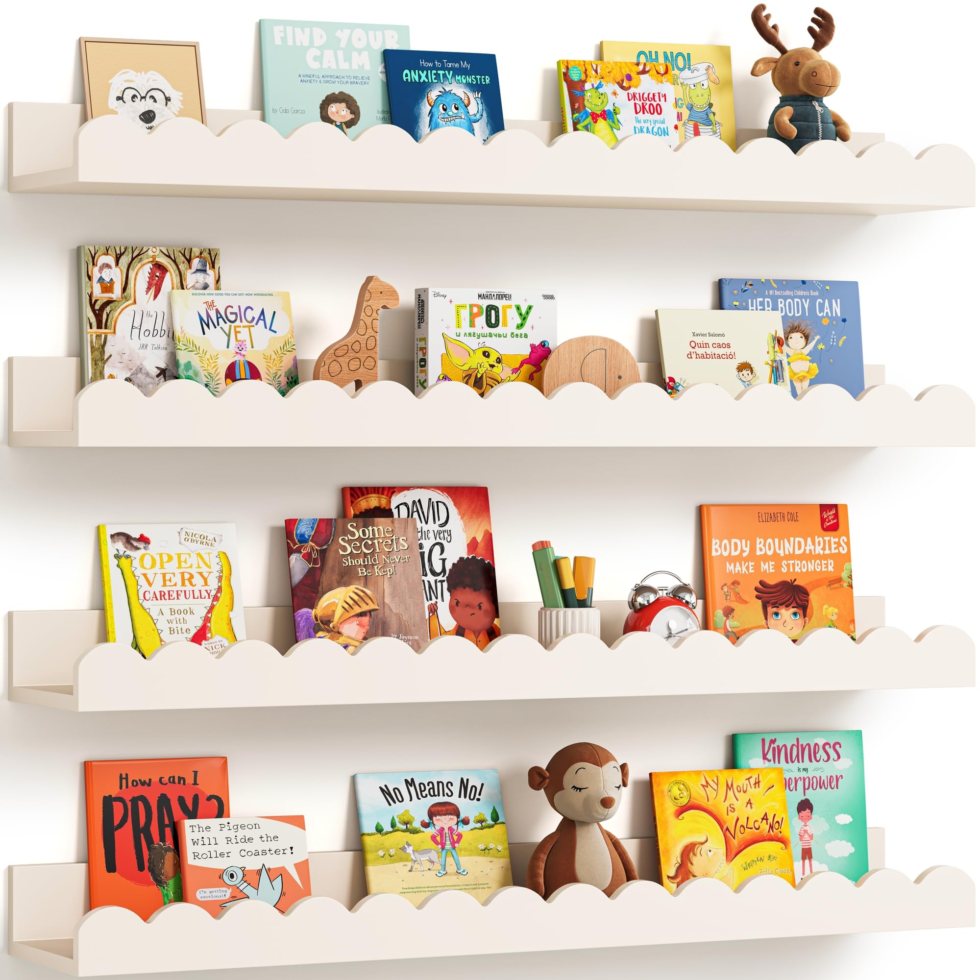 Seocry Scalloped Wall Bookshelves for Nursery, Floating Wooden Book Shelves for Kids Room, White Nursery Shelves for Wall, Baby & Toddler Room Decor