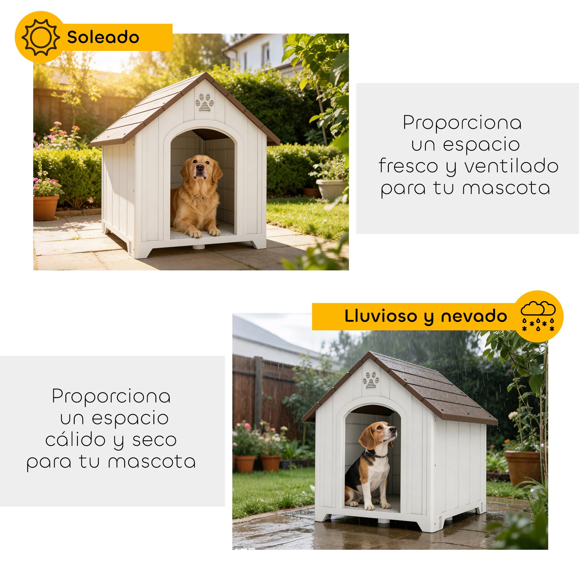 PawHut Caseta para Perros Exterior, Casa para Perros Grandes de Plástico Impermeable con 2 Ventanas, Base Elevada, Estacas, Fácil de Montar, 88x79x89 cm, Marrón Oscuro