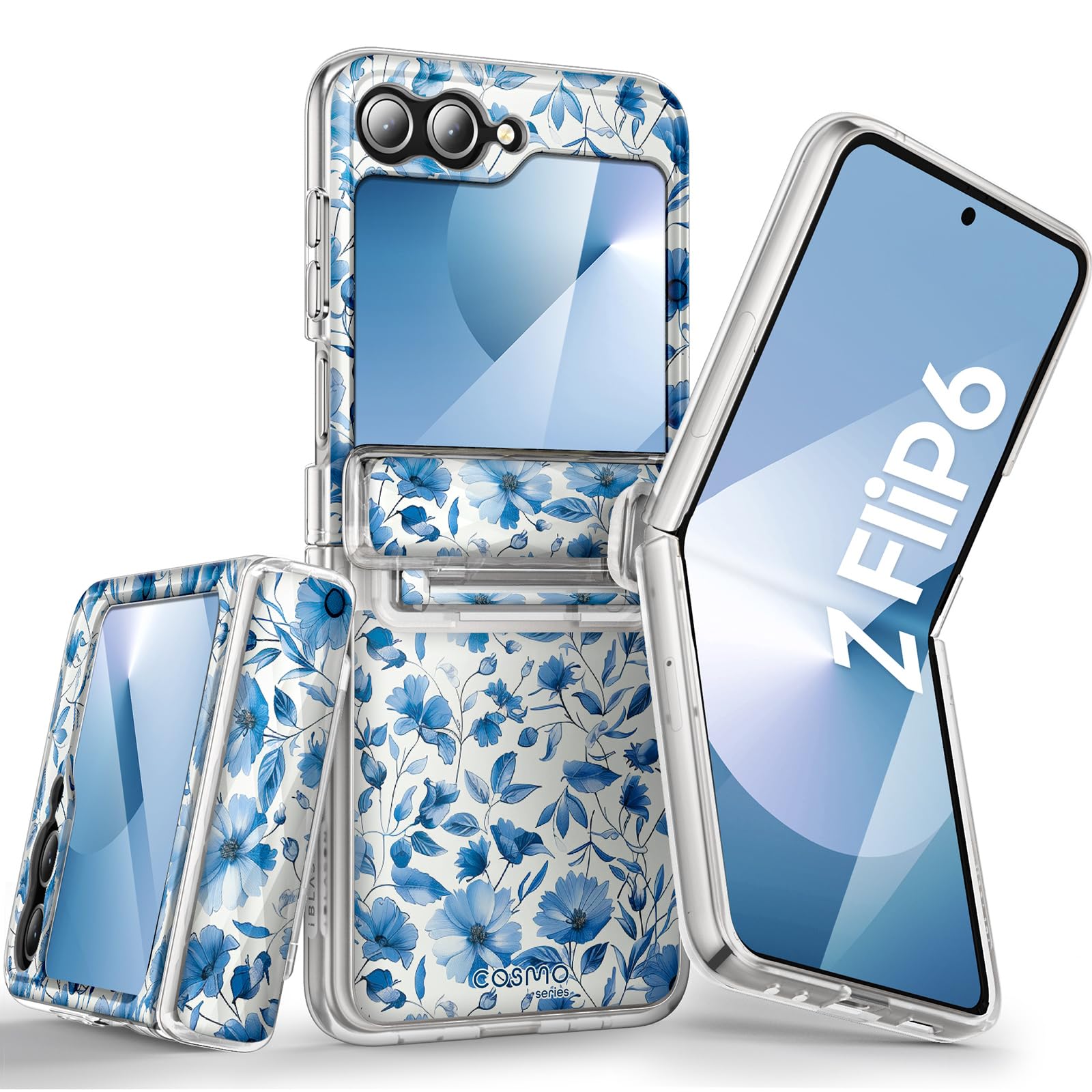 i-Blason Cosmo for Samsung Galaxy Z Flip 6 Case [Built-in Front Screen Protector] [Hinge Protection] [Support Wireless Charging] Slim Clear Protective Phone Case for Z Flip 6/ Z Flip 5 (BlueFloral)
