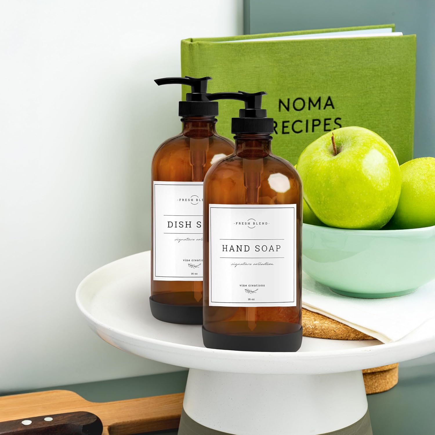 Vine Creations Amber Glass Soap Dispenser, 2 Pack Kitchen Soap Dispenser Set with Rustproof Pump, 16 oz Dish Soap and Hand Soap Dispensers for Bathroom with Waterproof Labels - Image 8