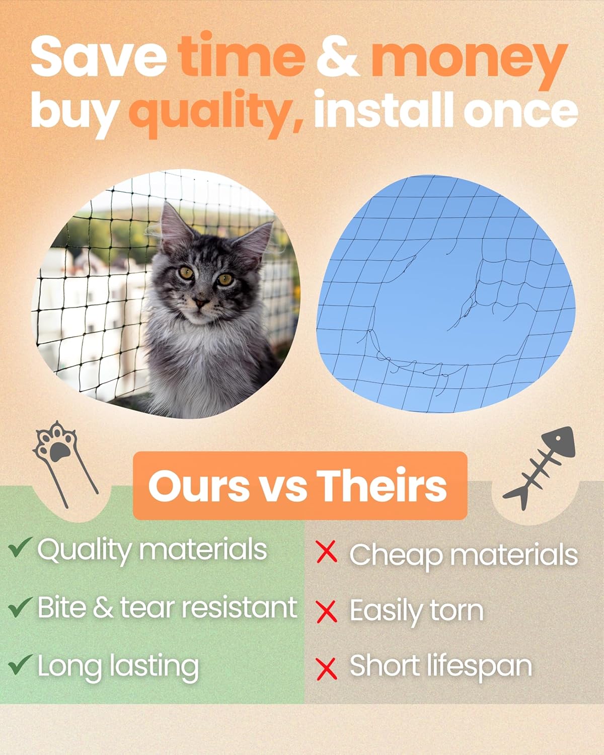 Steel Reinforced Cat Netting for Balcony - 10ft x 20ft - Cat Net for Catio – Safety Netting for Pets - Animal Proof Screen - Strong Pet Net – Kitten Balcony Protection - Barrier for Animals Fence