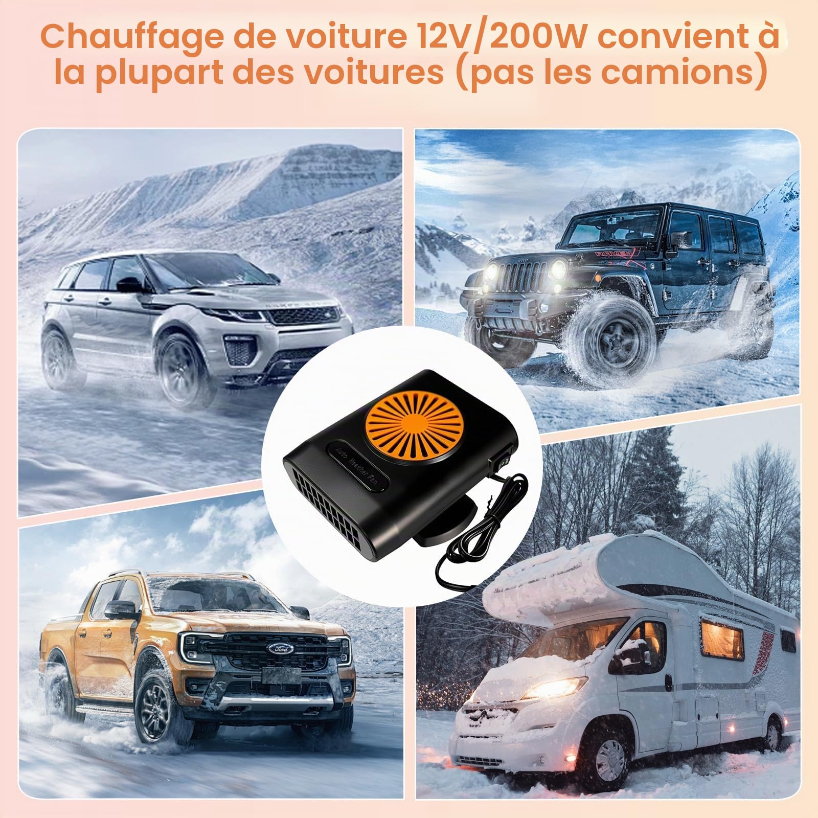 Chauffage de Voiture, 12V 200W Mise à Niveau Portable 2 en 1 Chauffage électrique et Froid, dégivreur avec fiches dans l'allume-Cigare, dégivreur Rapide avec dégivreur Rotatif à 360 °