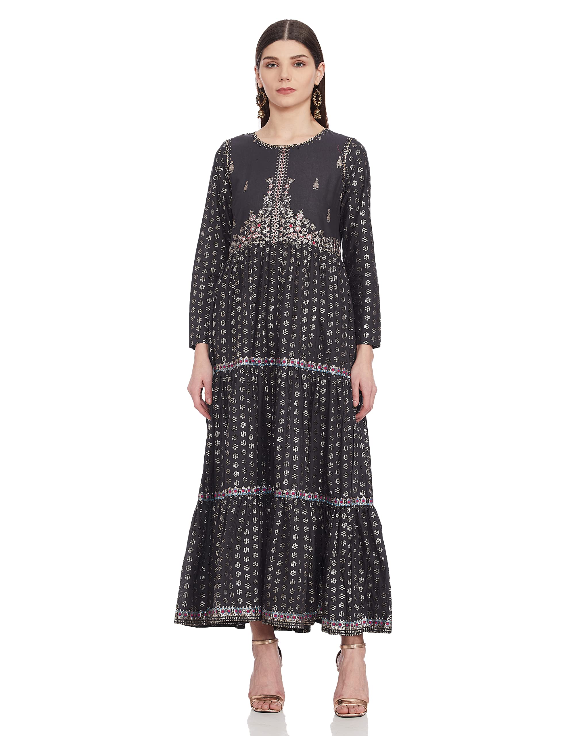 W for WomanWomen's Cotton Navy Blue Printed Dress with Embroidery Maxi