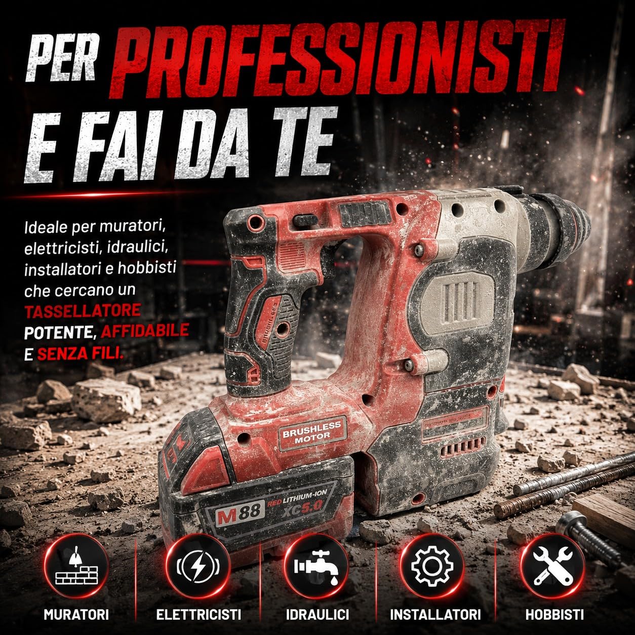 Trapano Tassellatore a Percussione SDS PLUS M88 con Motore Brushless 2 Batterie 5Ah 2.3J 0-1200 RPM 3200 BPM Luce LED Martello Perforatore